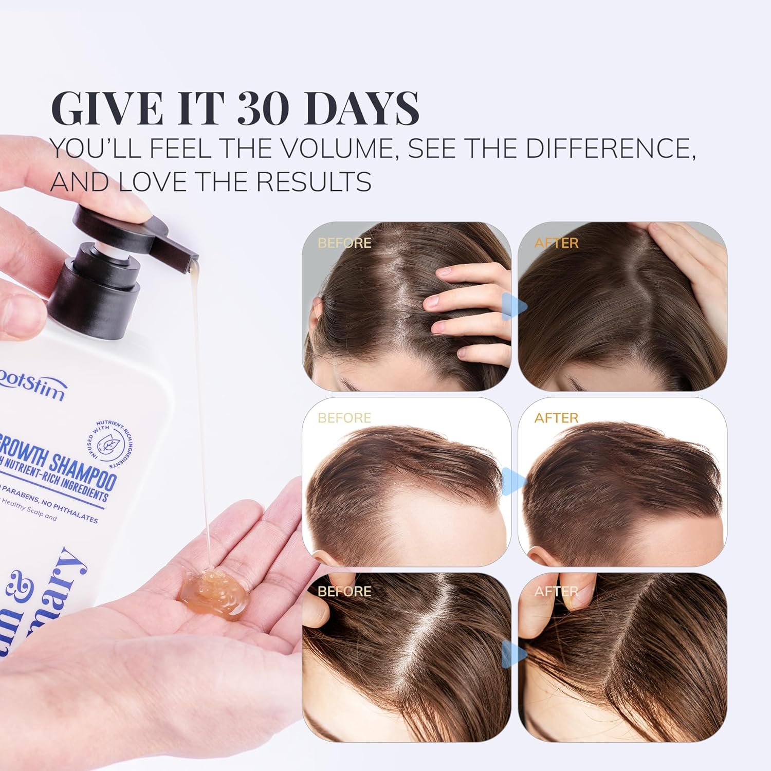 Visually demonstrates the volumizing and hair-thickening results achieved by using the product over a 30-day period.