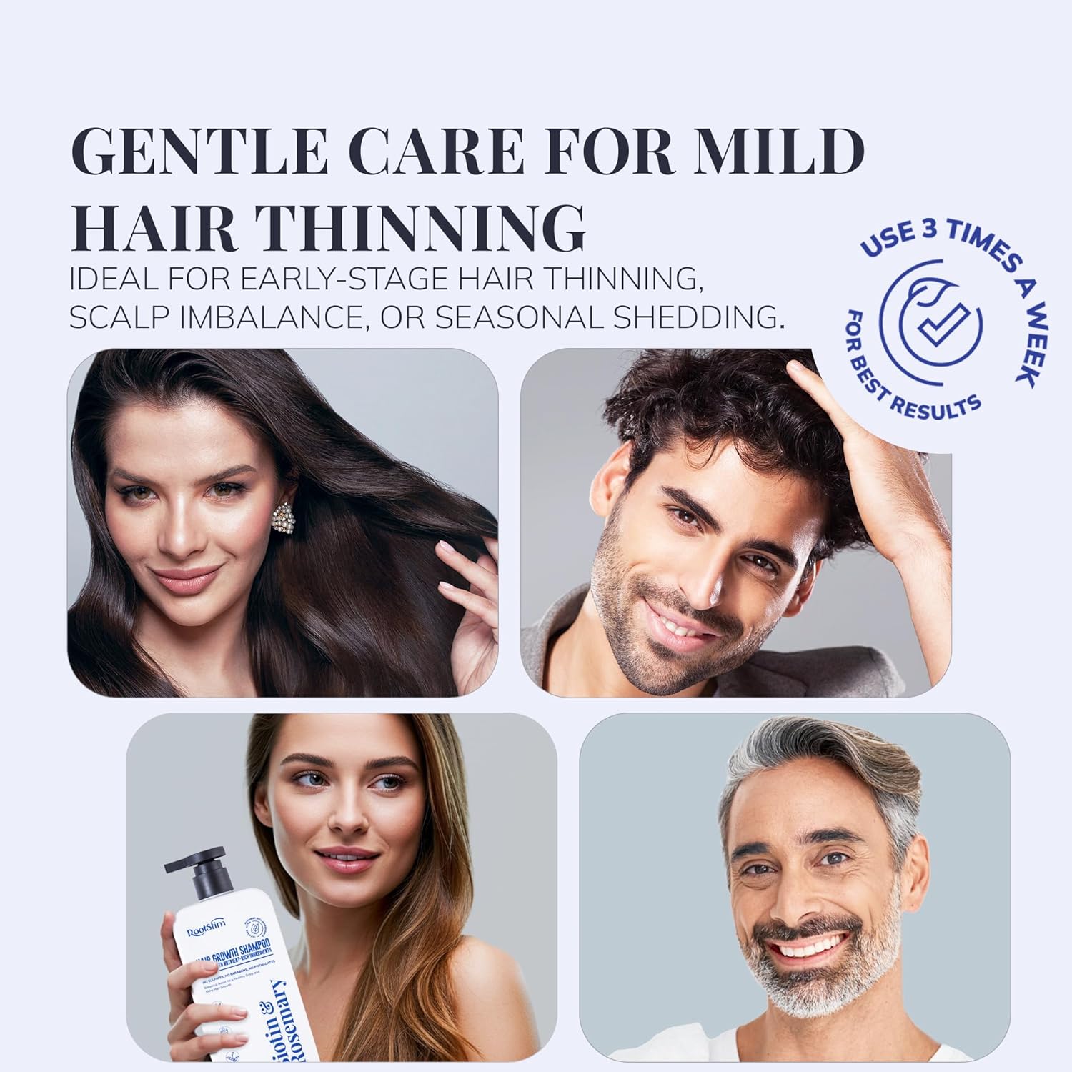 Highlights the product's ability to gently address mild hair thinning, scalp imbalance, or seasonal shedding.