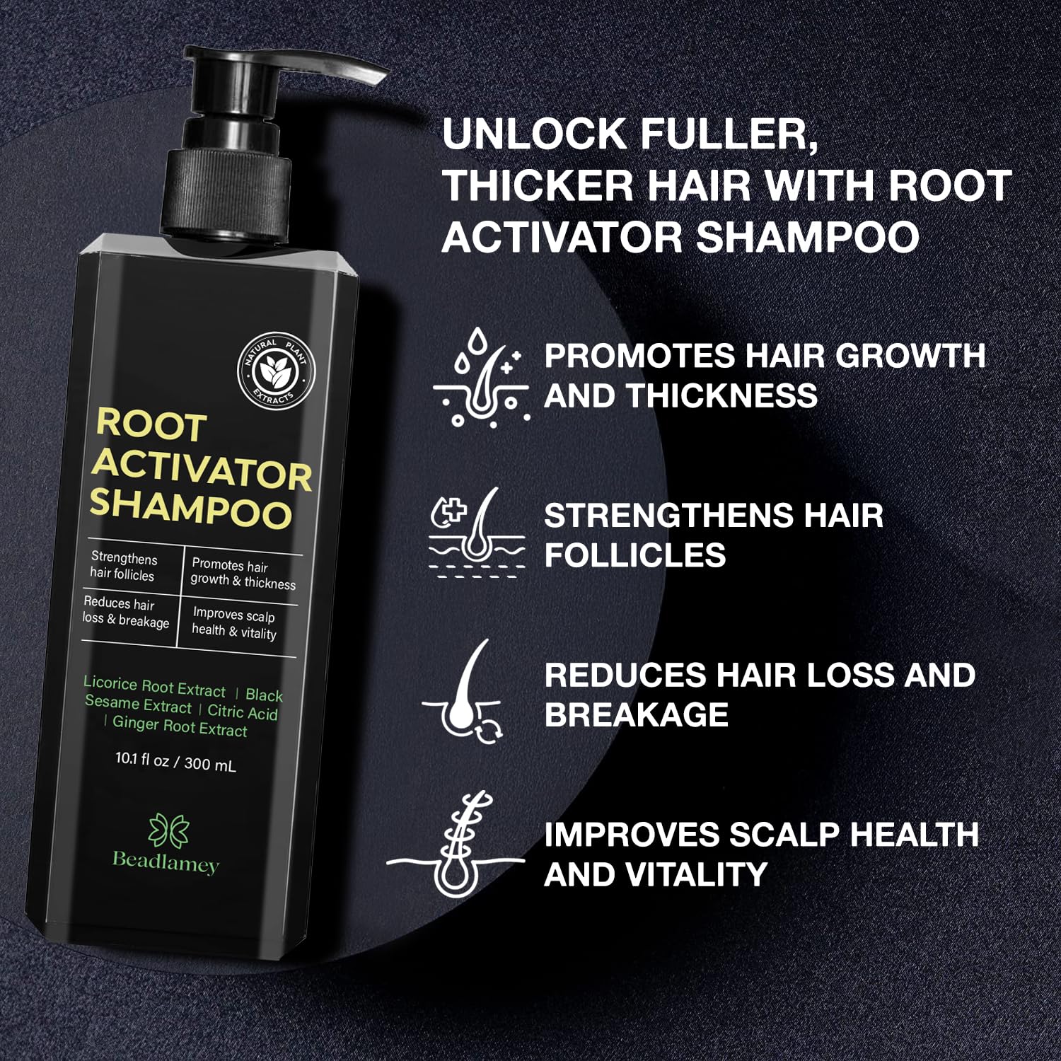 Highlights multiple benefits of the shampoo product, including promoting hair growth, strengthening follicles, reducing hair loss, and improving scalp health.