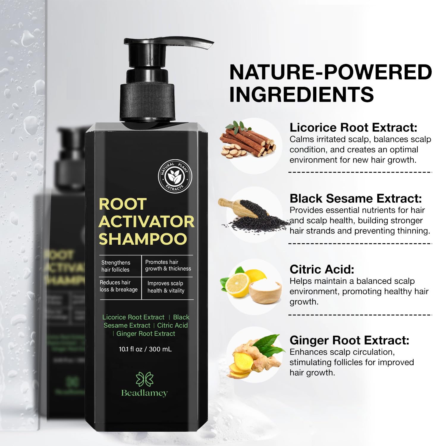 Highlights the key natural ingredients and their respective benefits for promoting hair growth, scalp health, and preventing hair thinning.