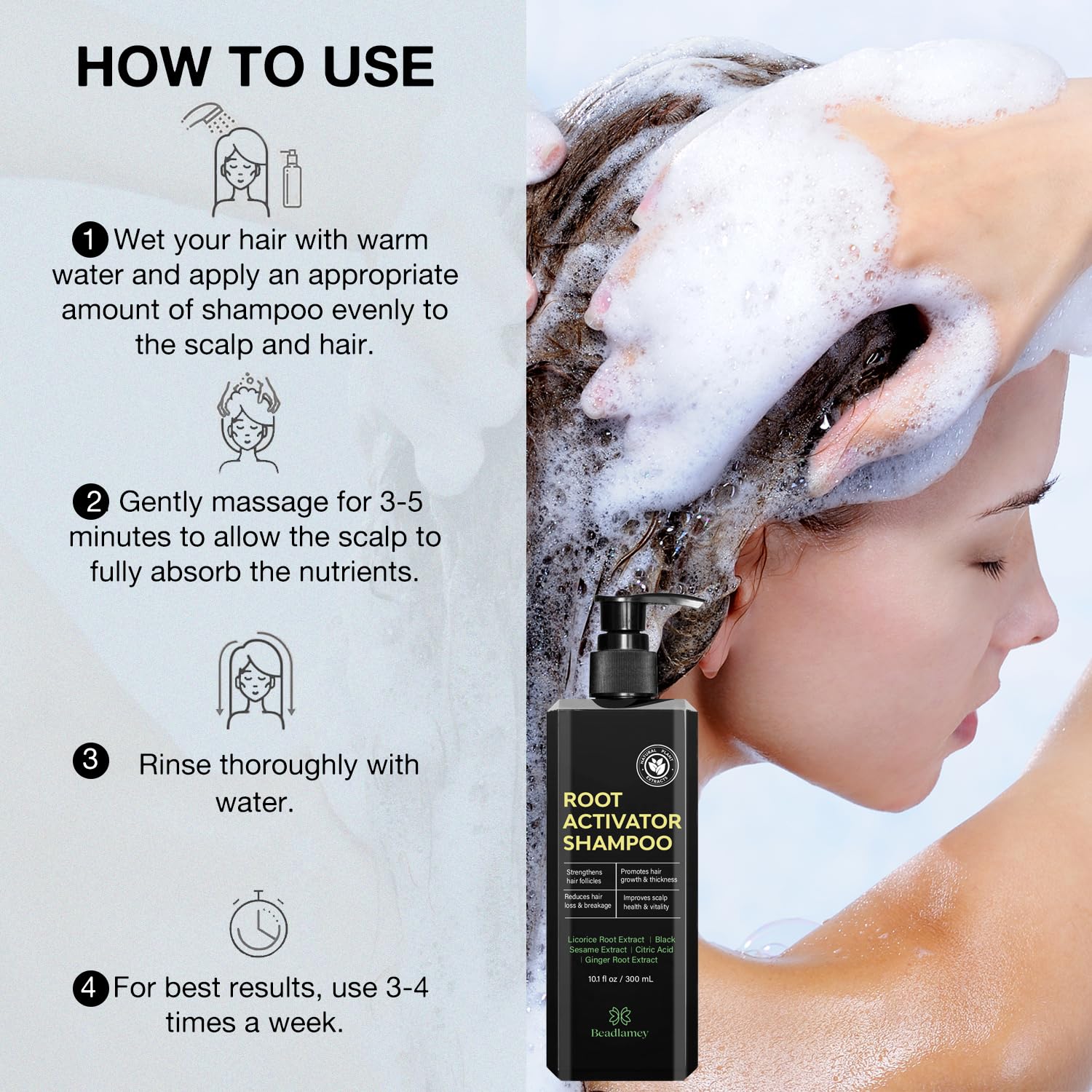 Provides step-by-step instructions on how to properly use the shampoo product for best results.