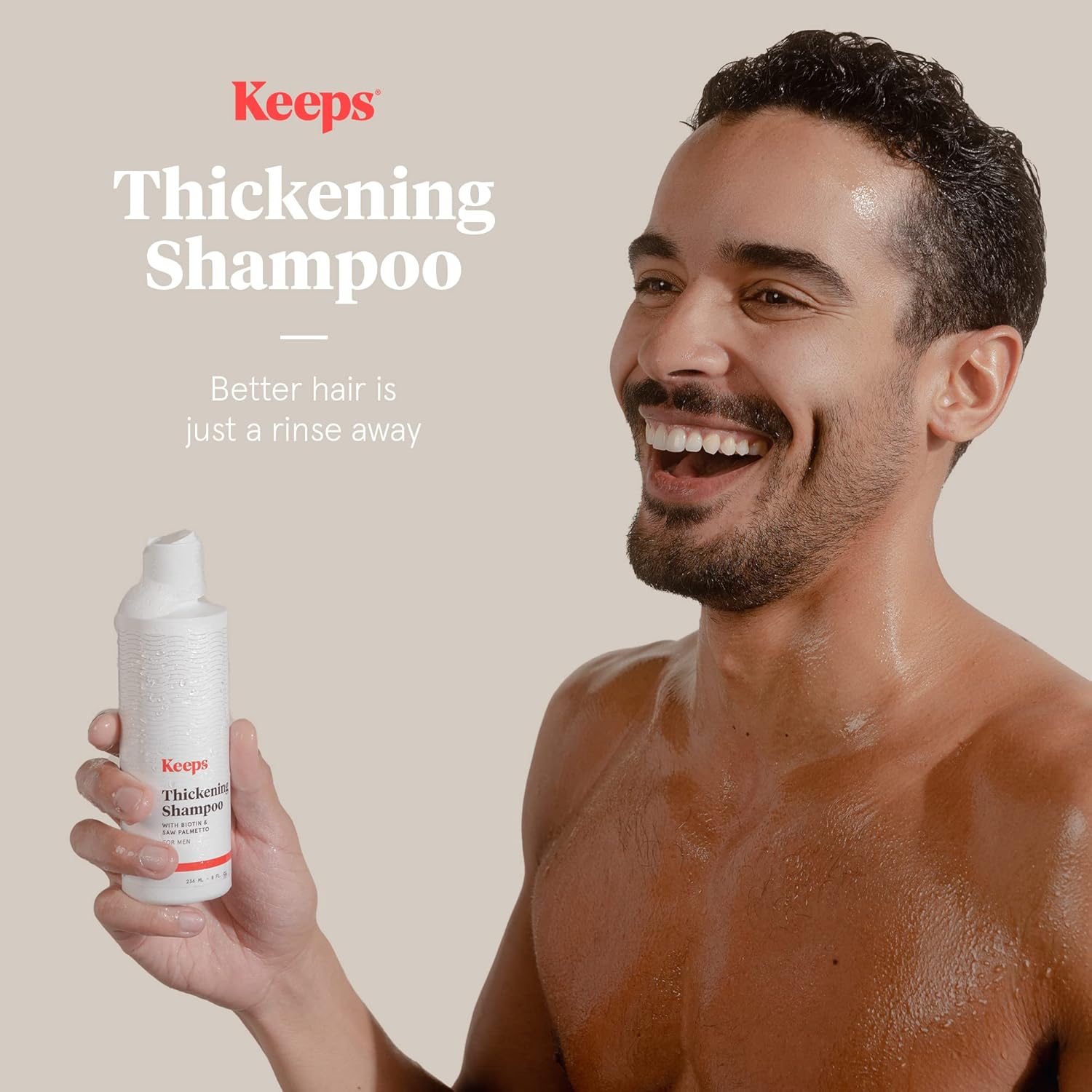 Highlights the product's ability to thicken hair and deliver better hair with just one rinse.