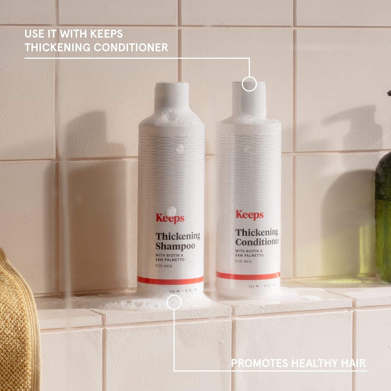 Showcases the thickening shampoo and conditioner products, highlighting their key ingredients biotin and saw palmetto to promote healthy hair.