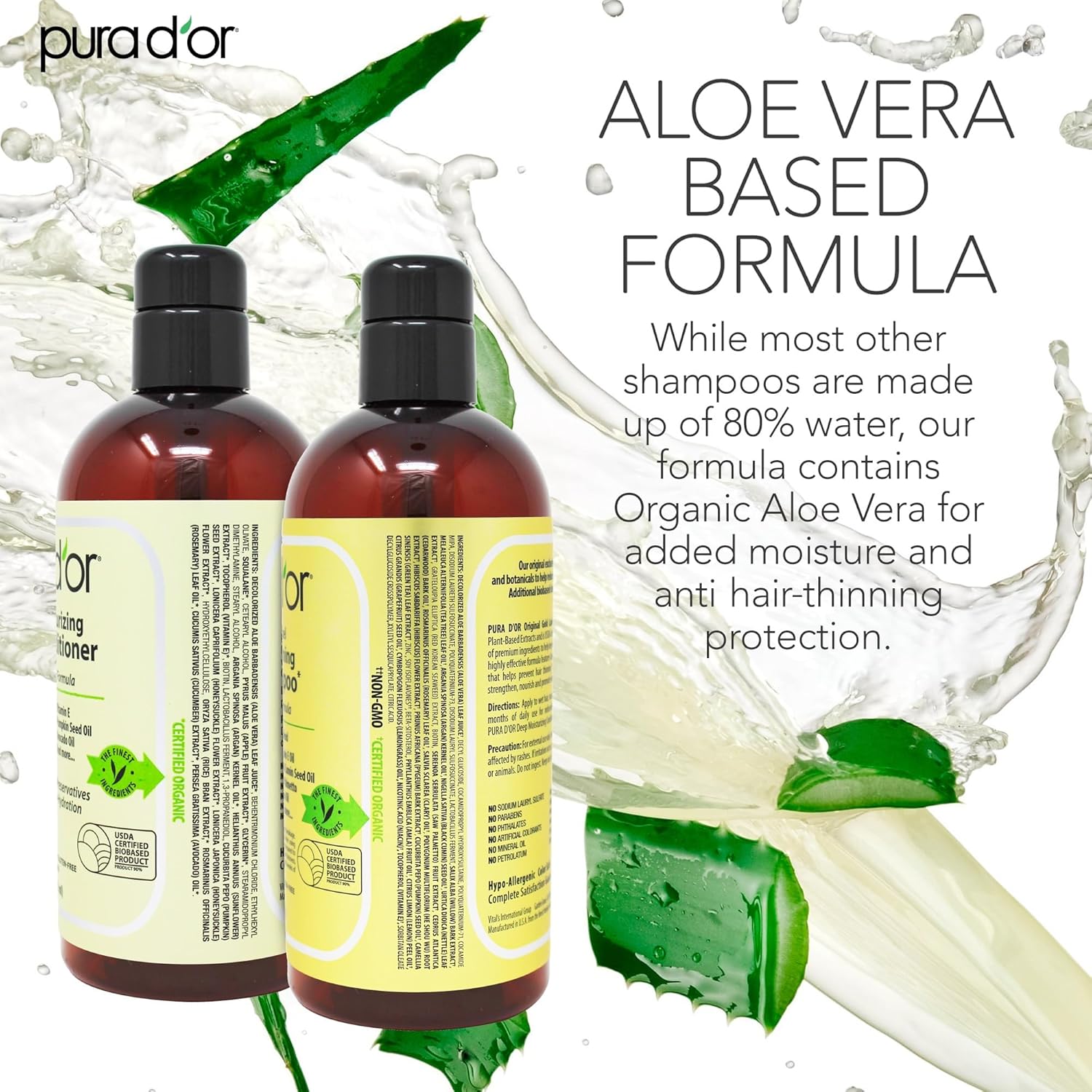 Highlights the key benefit of the shampoo's aloe vera based formula which provides added moisture and protection against hair thinning.