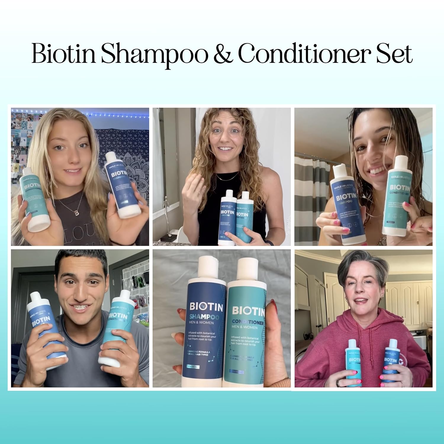 Showcases real customers using and holding the shampoo and conditioner products to build authenticity and social proof.