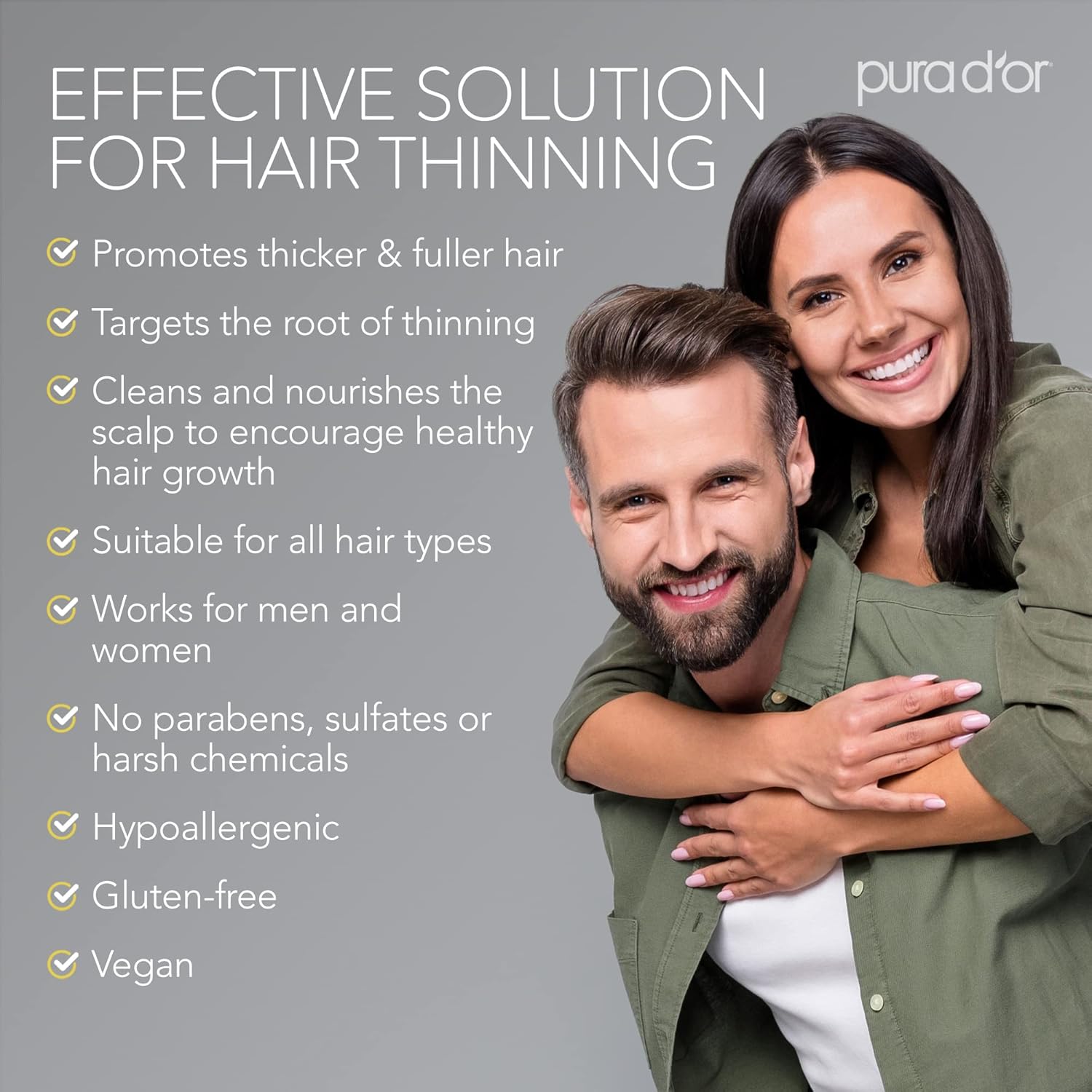 Highlights multiple benefits of the hair thinning solution product, including promoting fuller hair, targeting the root cause, nourishing the scalp, being suitable for all hair types and genders,…