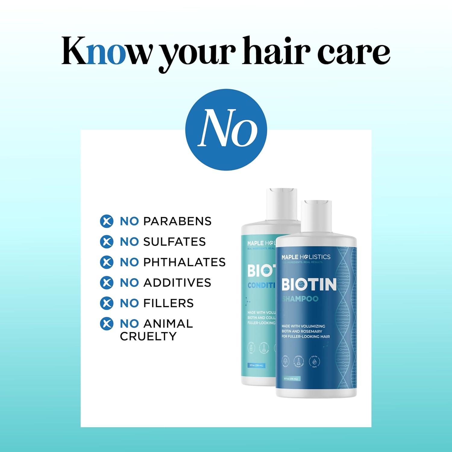 Highlights the multiple beneficial features of the hair care products being free from harmful ingredients and not tested on animals.