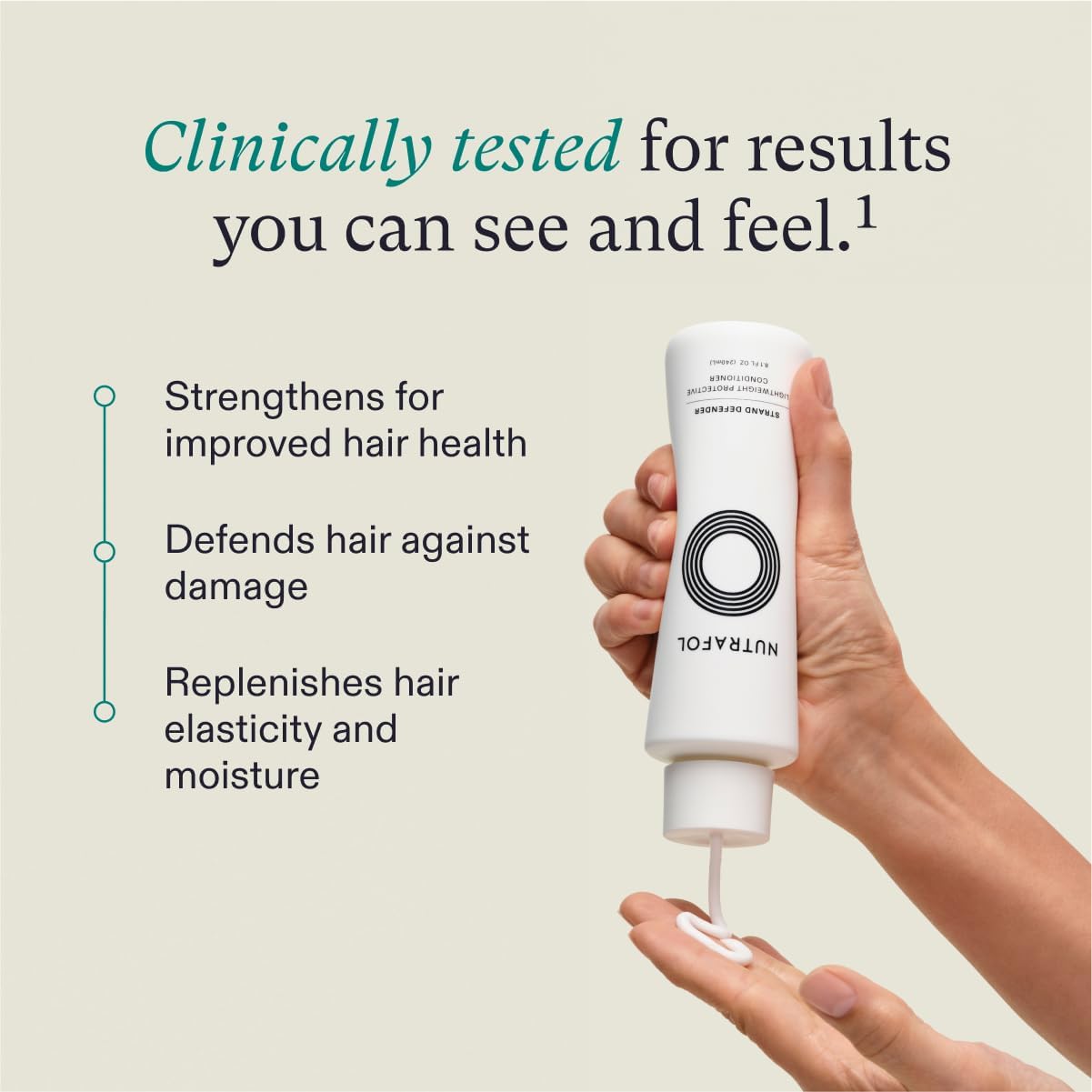 Highlights multiple benefits of the hair product, including strengthening, defending against damage, and replenishing elasticity and moisture, to demonstrate its effectiveness for improved hair…