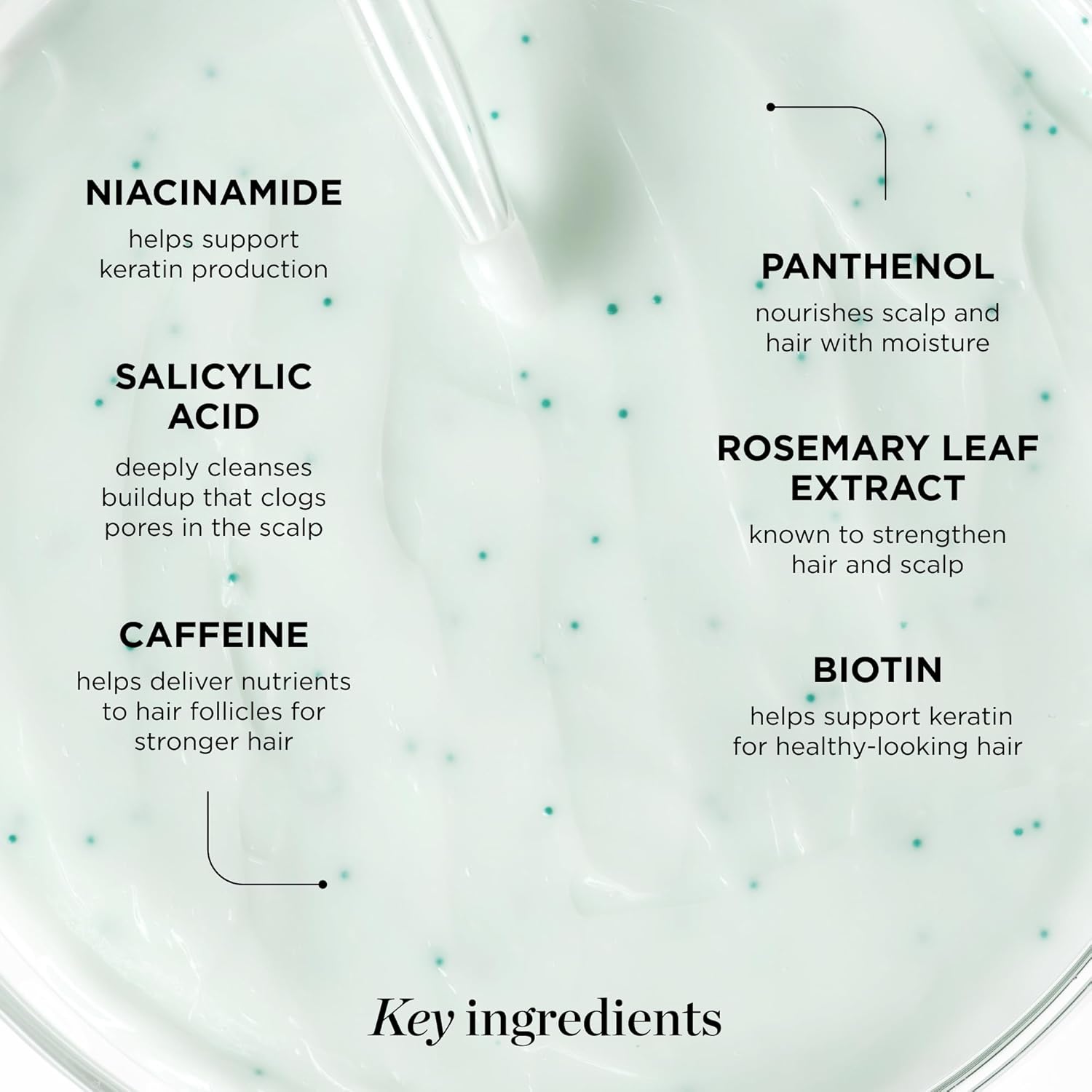 Highlights the key ingredients and their respective benefits for hair and scalp health, such as supporting keratin production, nourishing moisture, cleansing buildup, strengthening hair, and…