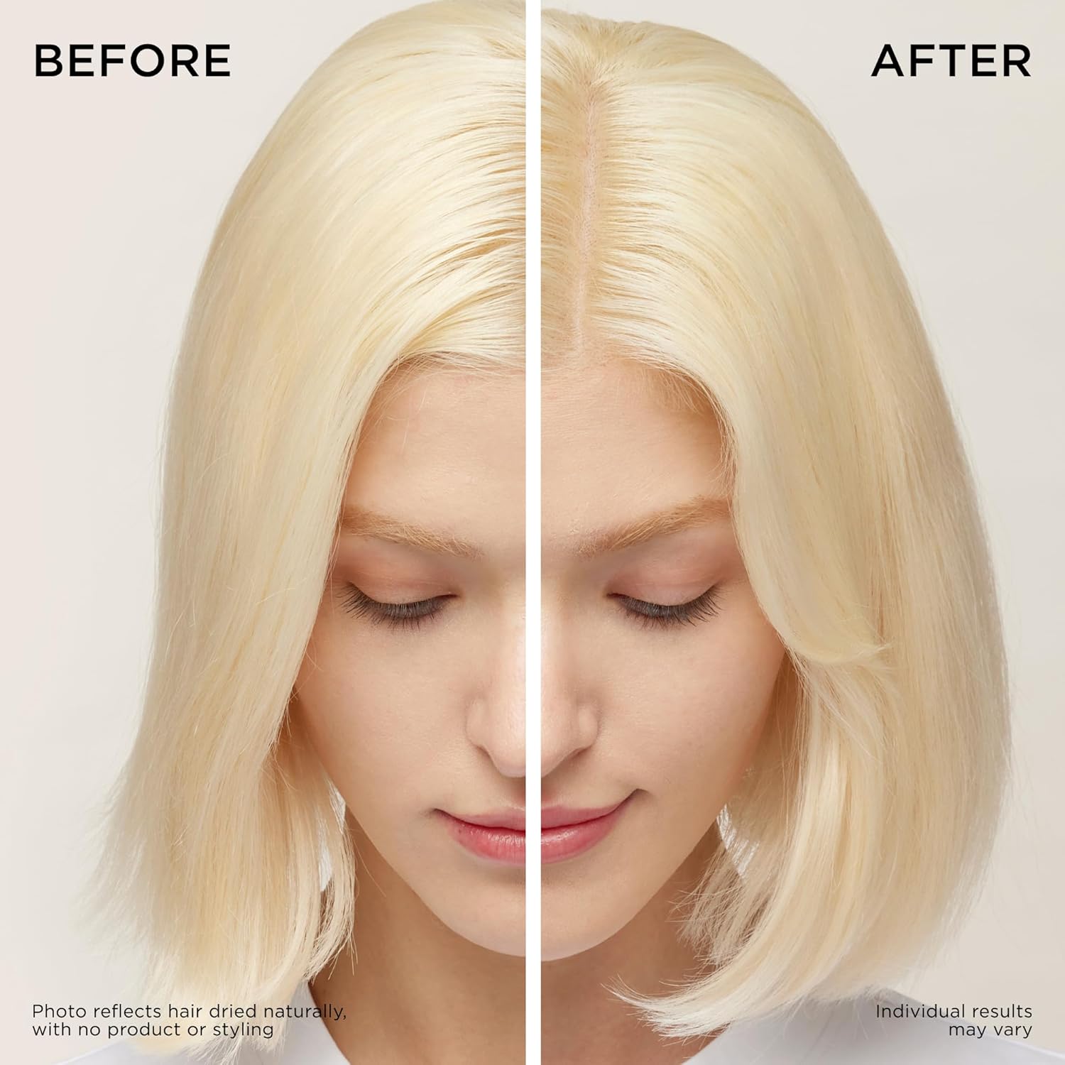 Visually demonstrates the transformative effects of the product by showing a before and after comparison of hair texture and shine.