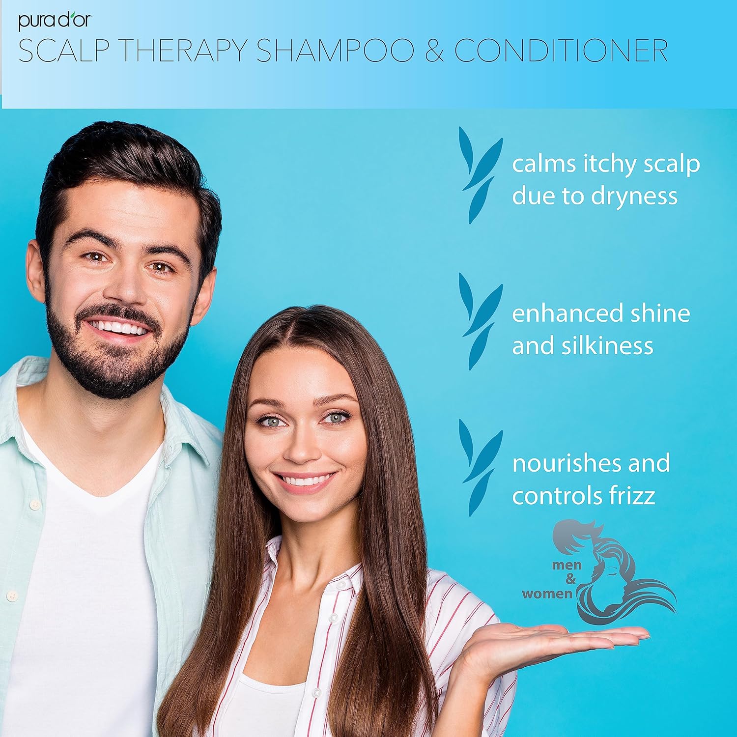Highlights multiple benefits of the scalp therapy shampoo and conditioner, such as addressing dry, itchy scalp, enhancing shine and silkiness, and nourishing and controlling frizz.