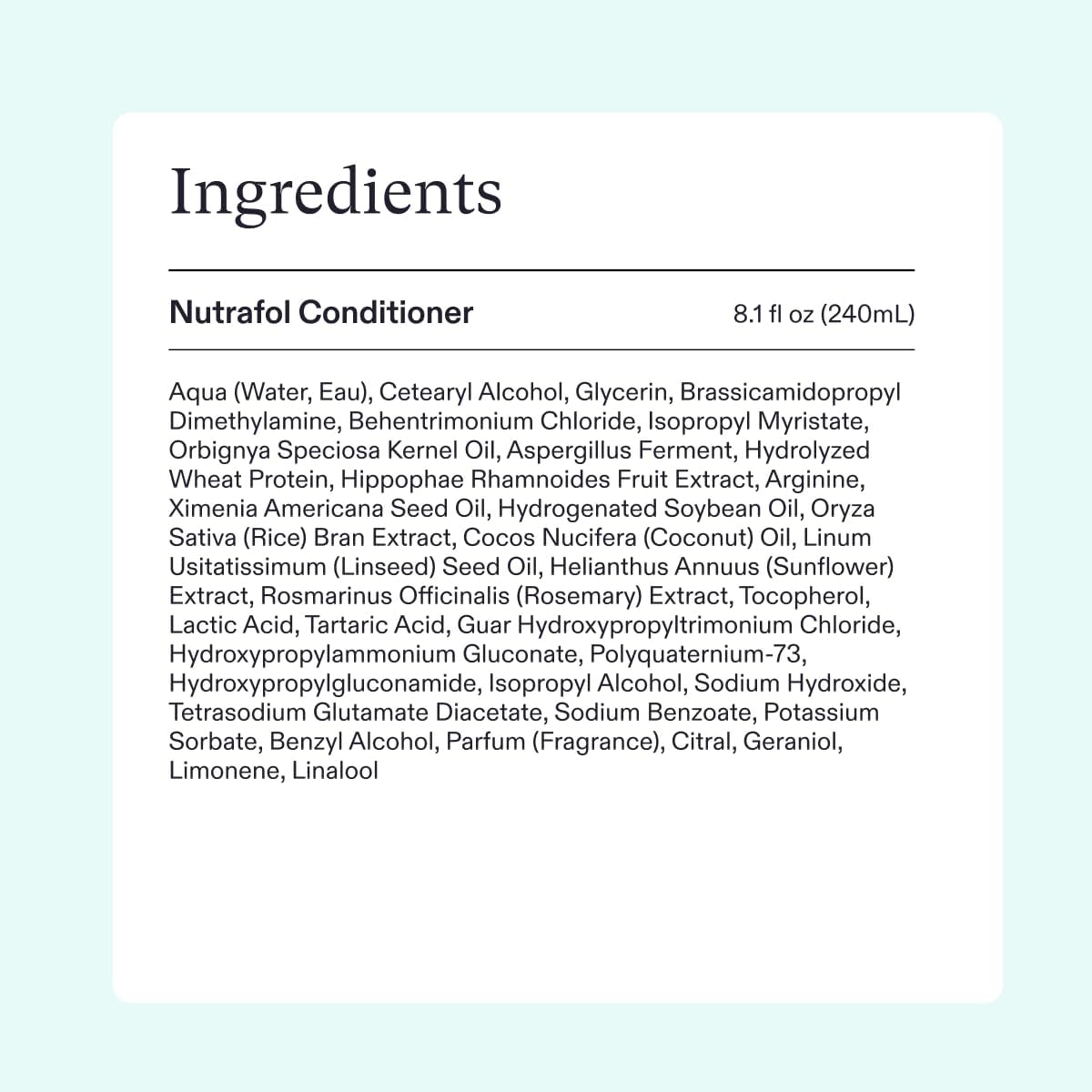 Provides transparency by listing all the ingredients contained in the Nutrafol Conditioner product.