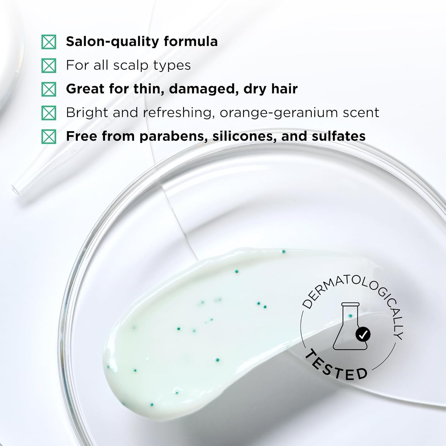 Highlights multiple key features and benefits of the hair product to appeal to customers looking for a high-quality, effective, and safe formula for various hair and scalp types.
