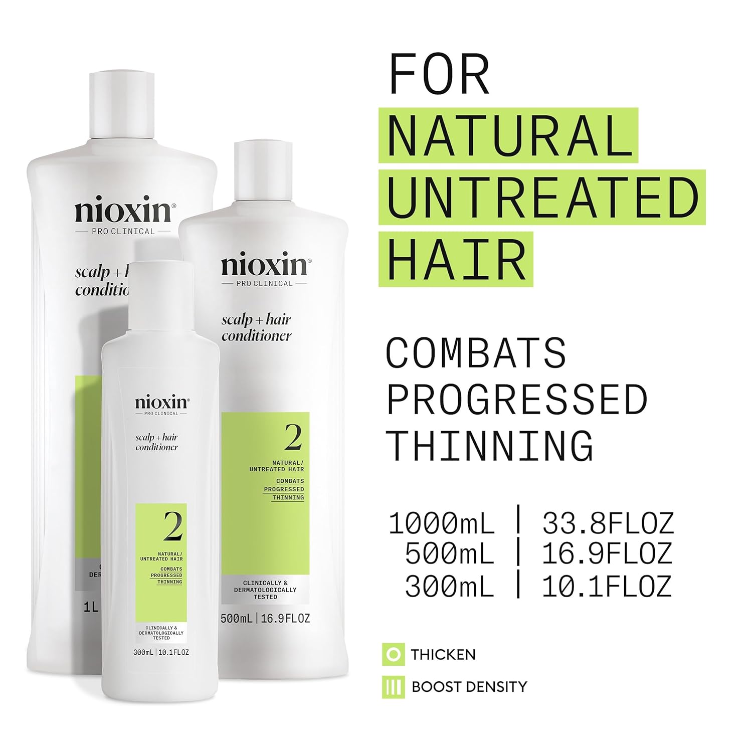 Highlights multiple benefits of the hair care products, including being suitable for natural untreated hair, combating hair thinning, thickening hair, and boosting hair density.