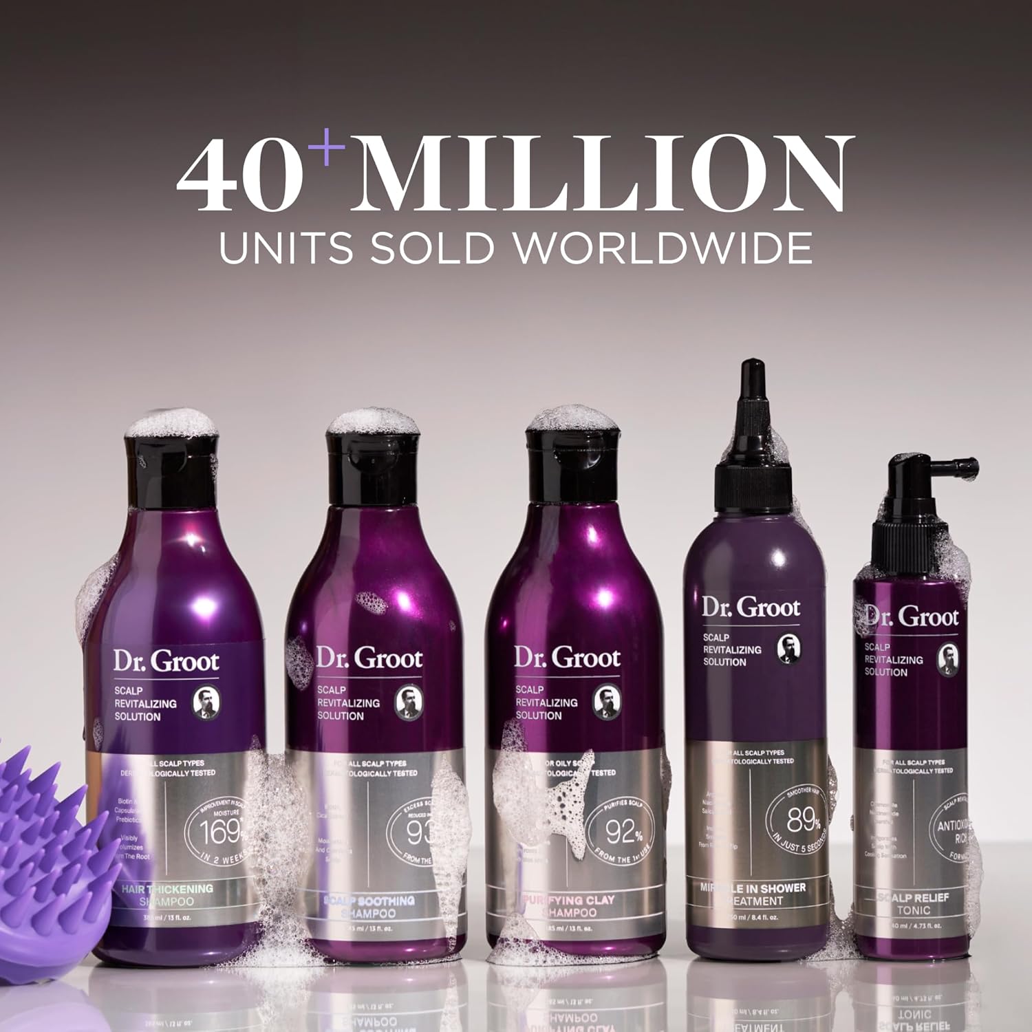Showcases the brand's line of scalp and hair care products, highlighting their key benefits for revitalizing the scalp, thickening hair, and providing scalp relief.