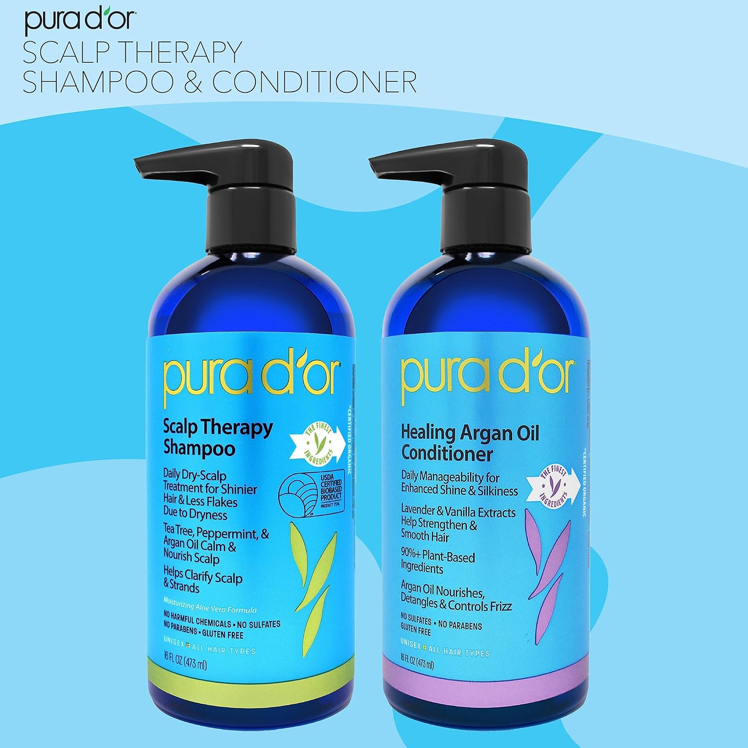 Highlights the multiple benefits and key features of the shampoo and conditioner products for scalp health, hair manageability, and using natural ingredients.