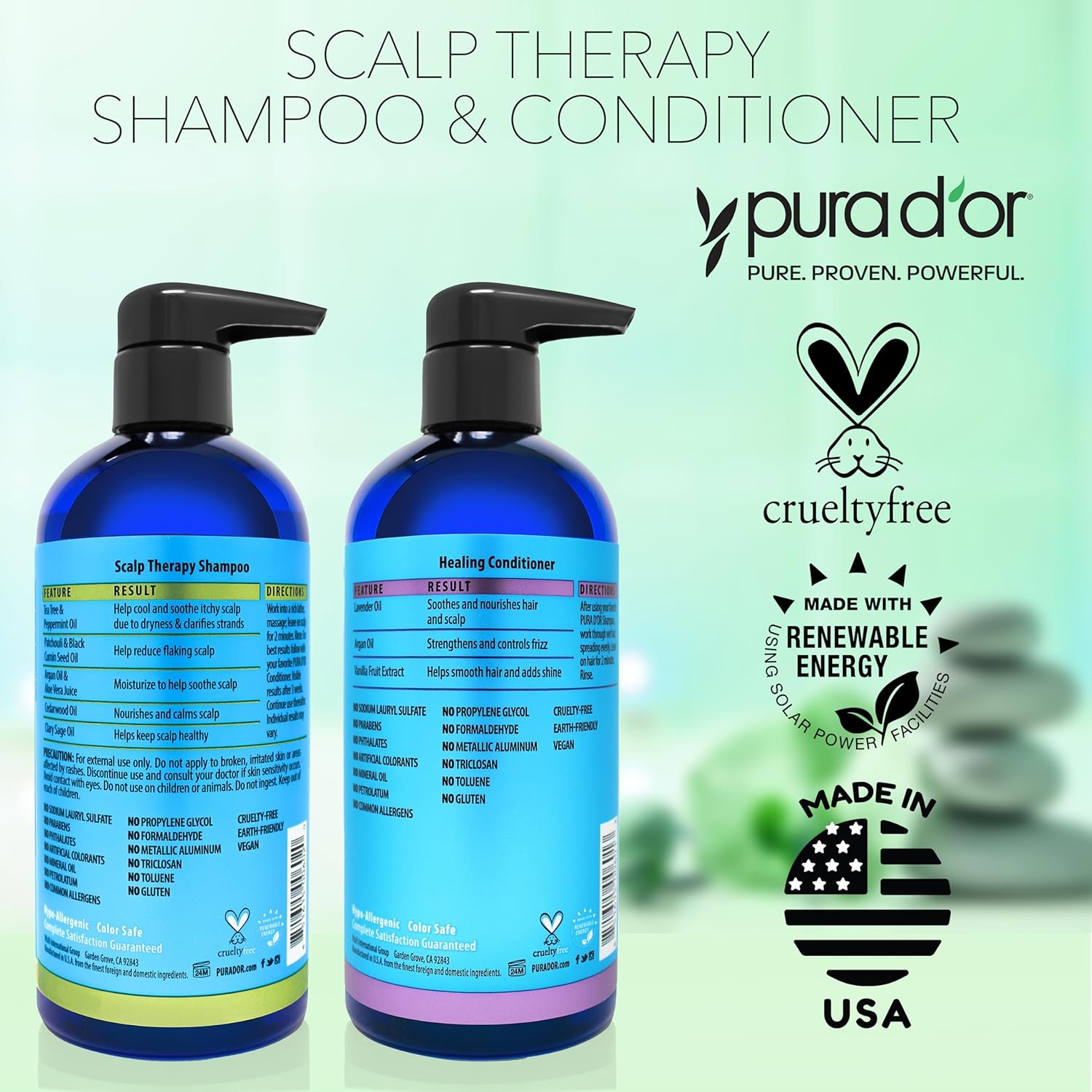 Highlights multiple features and benefits of the shampoo and conditioner products, including scalp therapy, cruelty-free, use of renewable energy, and being made in the USA.