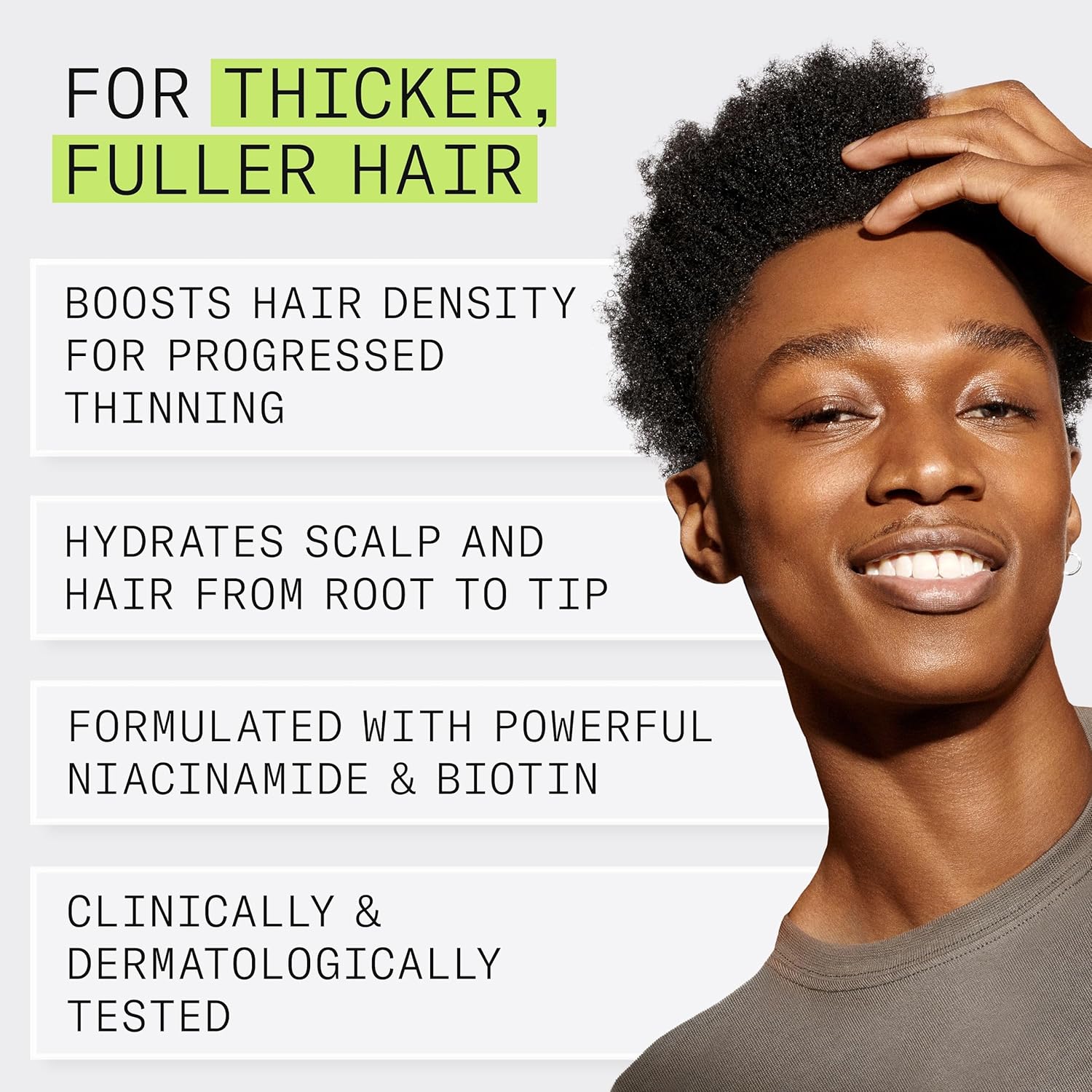 Highlights multiple key benefits of the hair product, including increasing hair thickness and density, providing hydration, and using proven ingredients to address thinning hair.
