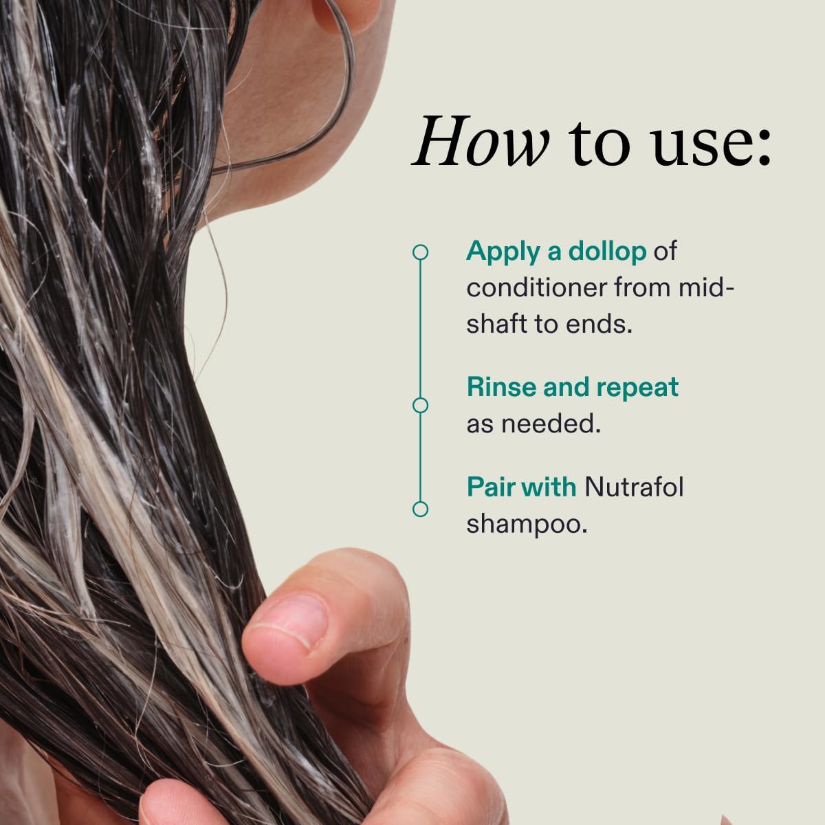 Provides step-by-step instructions on how to properly use and apply the hair conditioner product.
