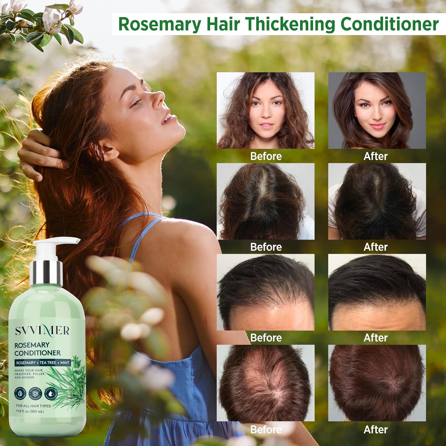 Visually demonstrates the hair thickening and volumizing effects of using the rosemary conditioner by showing before and after photos.