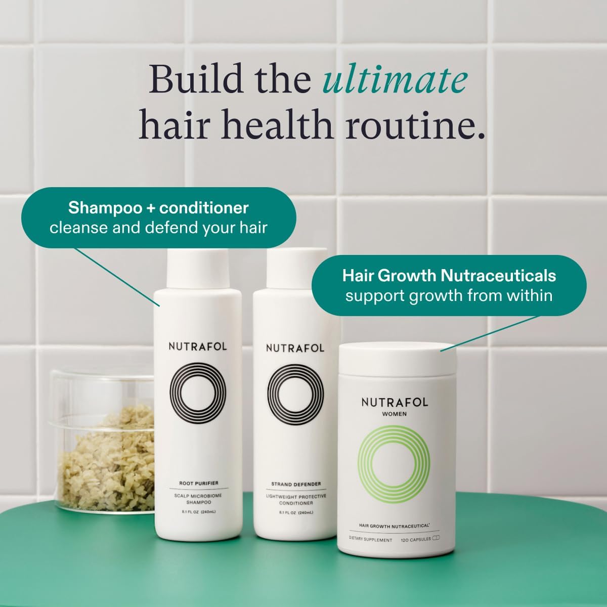 Shows the complete hair care system included when purchasing the product, highlighting the shampoo, conditioner, and supplements that work together for hair health.