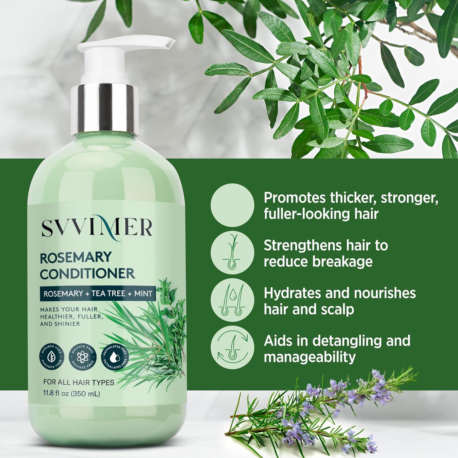 Highlights multiple benefits of the rosemary conditioner for healthier, fuller, and shinier hair.
