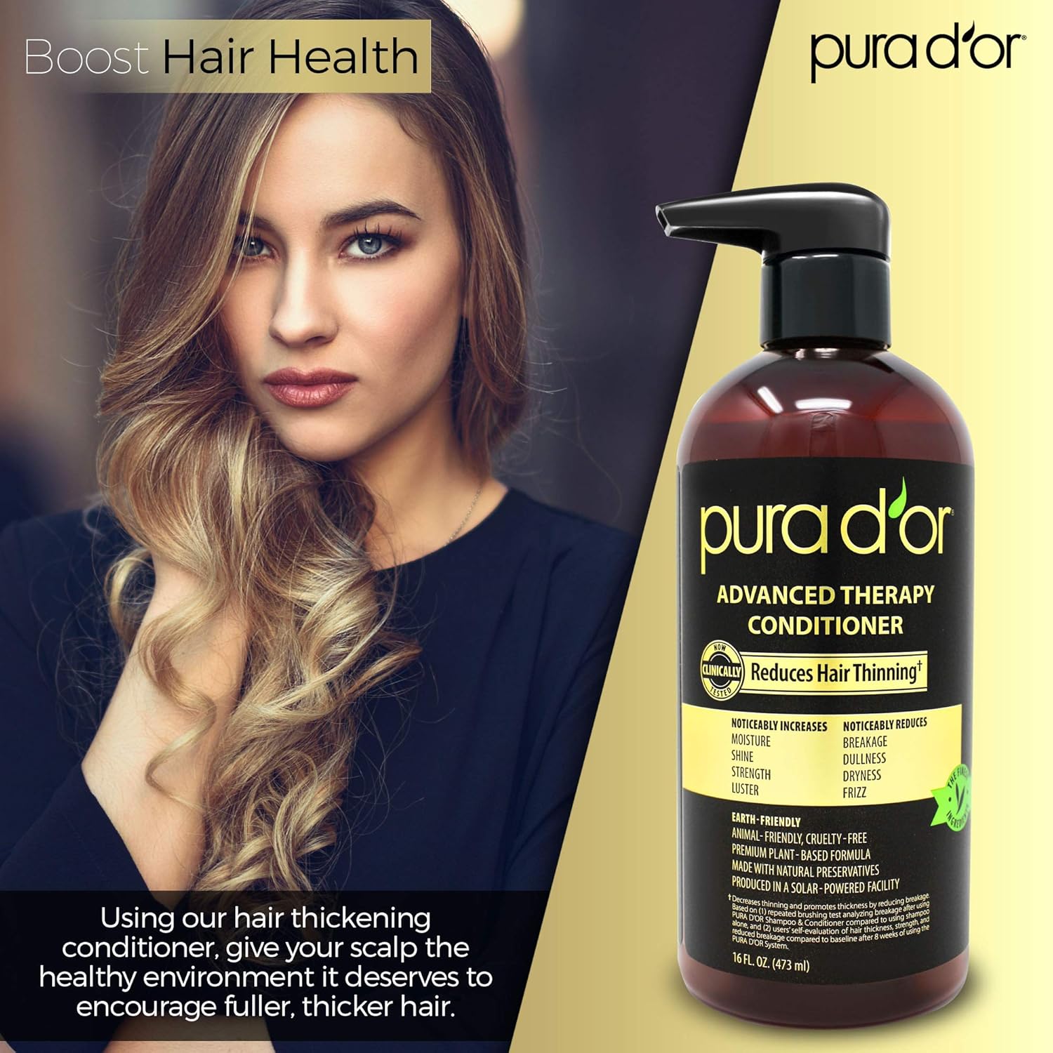 Highlights the product's ability to reduce hair thinning and encourage fuller, thicker hair growth.