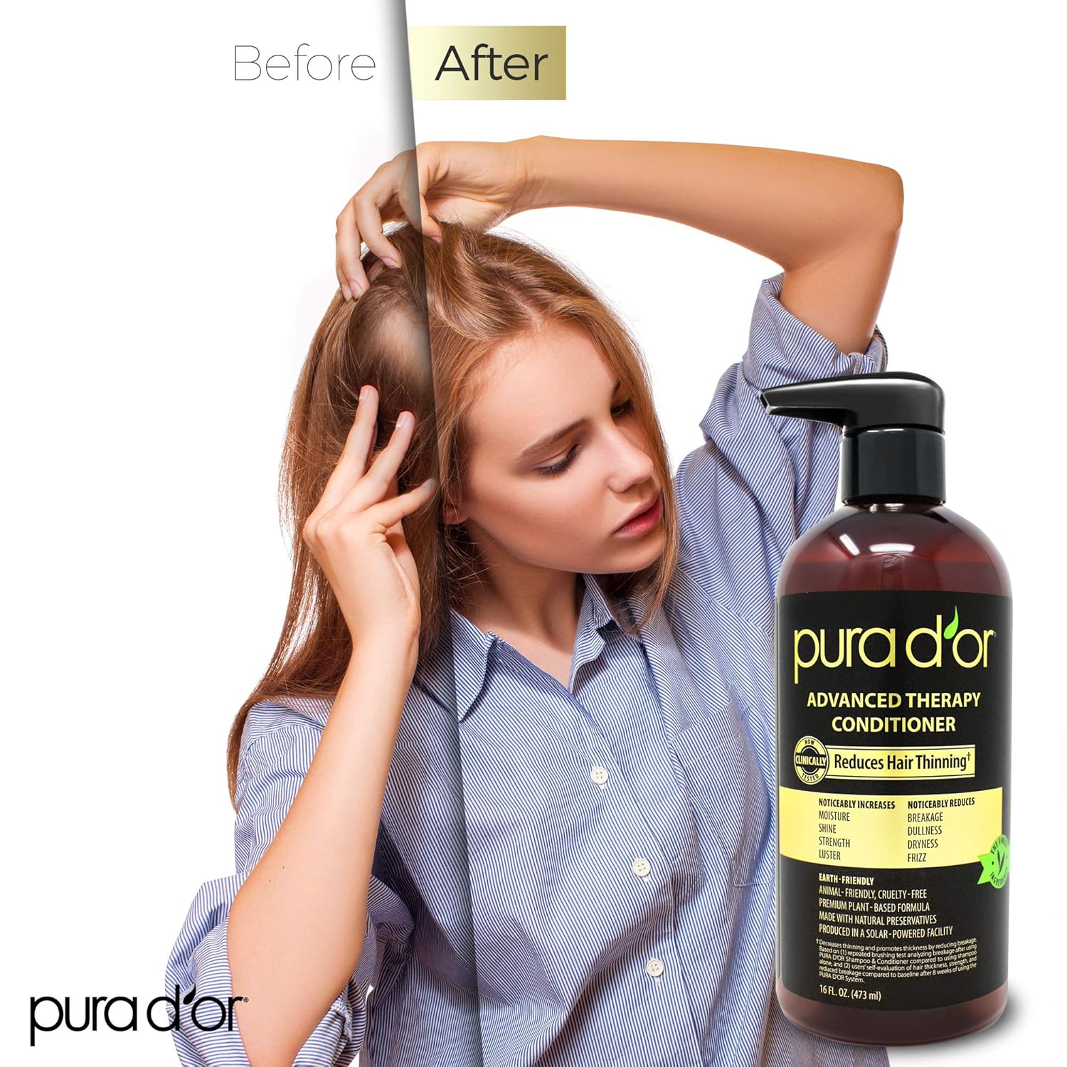 Visually demonstrates the effectiveness of the hair conditioner in reducing hair thinning and improving hair volume and thickness.