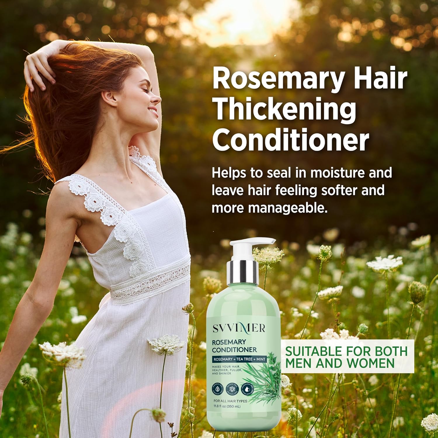 Highlights the hair thickening and moisture sealing benefits of the rosemary conditioner to promote fuller, softer, and more manageable hair.