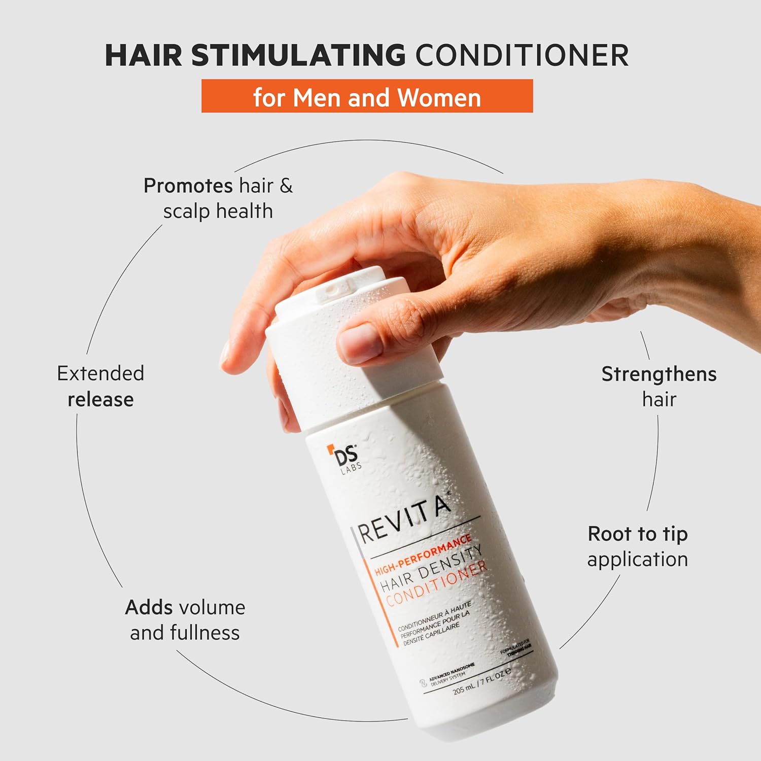 Highlights multiple benefits of the hair conditioner product such as promoting hair and scalp health, strengthening hair, adding volume and fullness, extended release, and root to tip application.