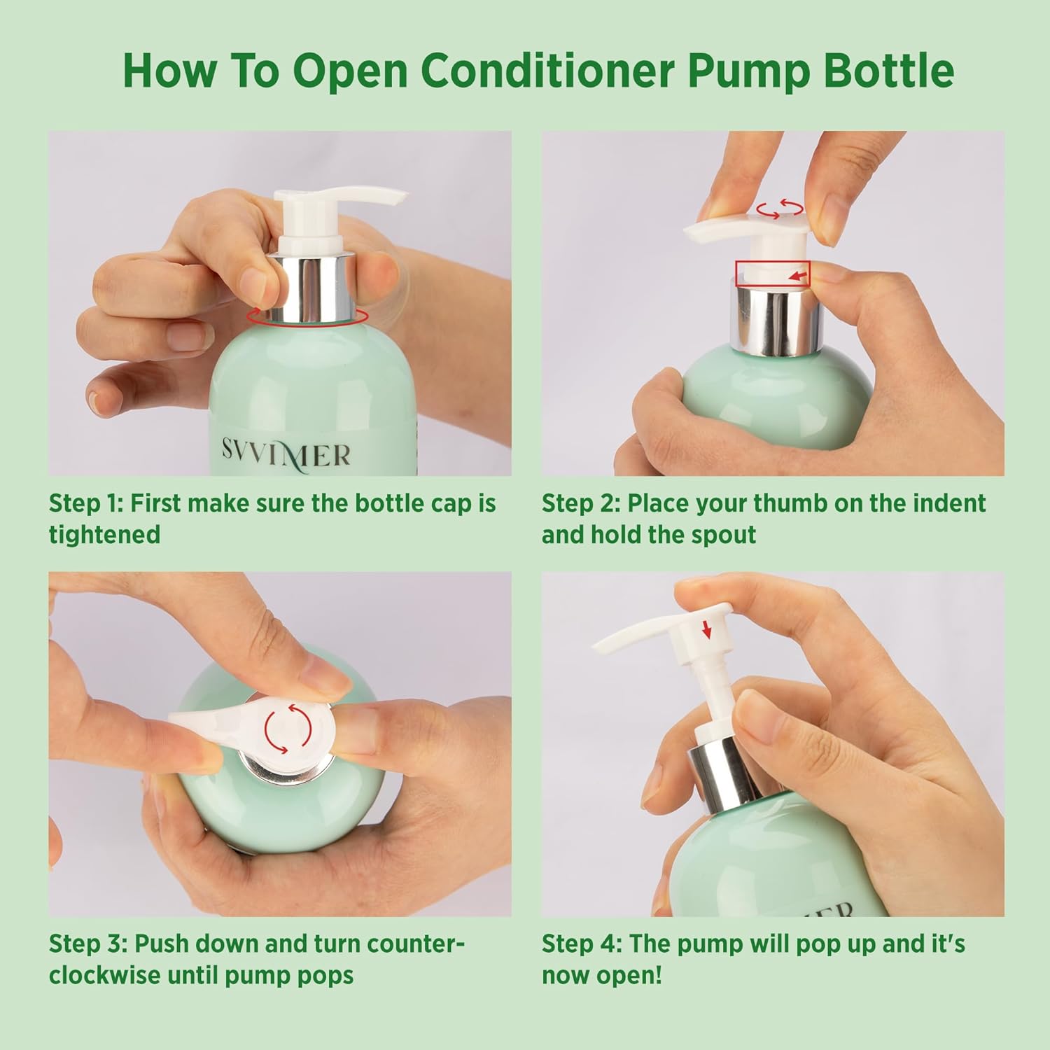 Provides step-by-step instructions on how to properly open and access the conditioner pump bottle.