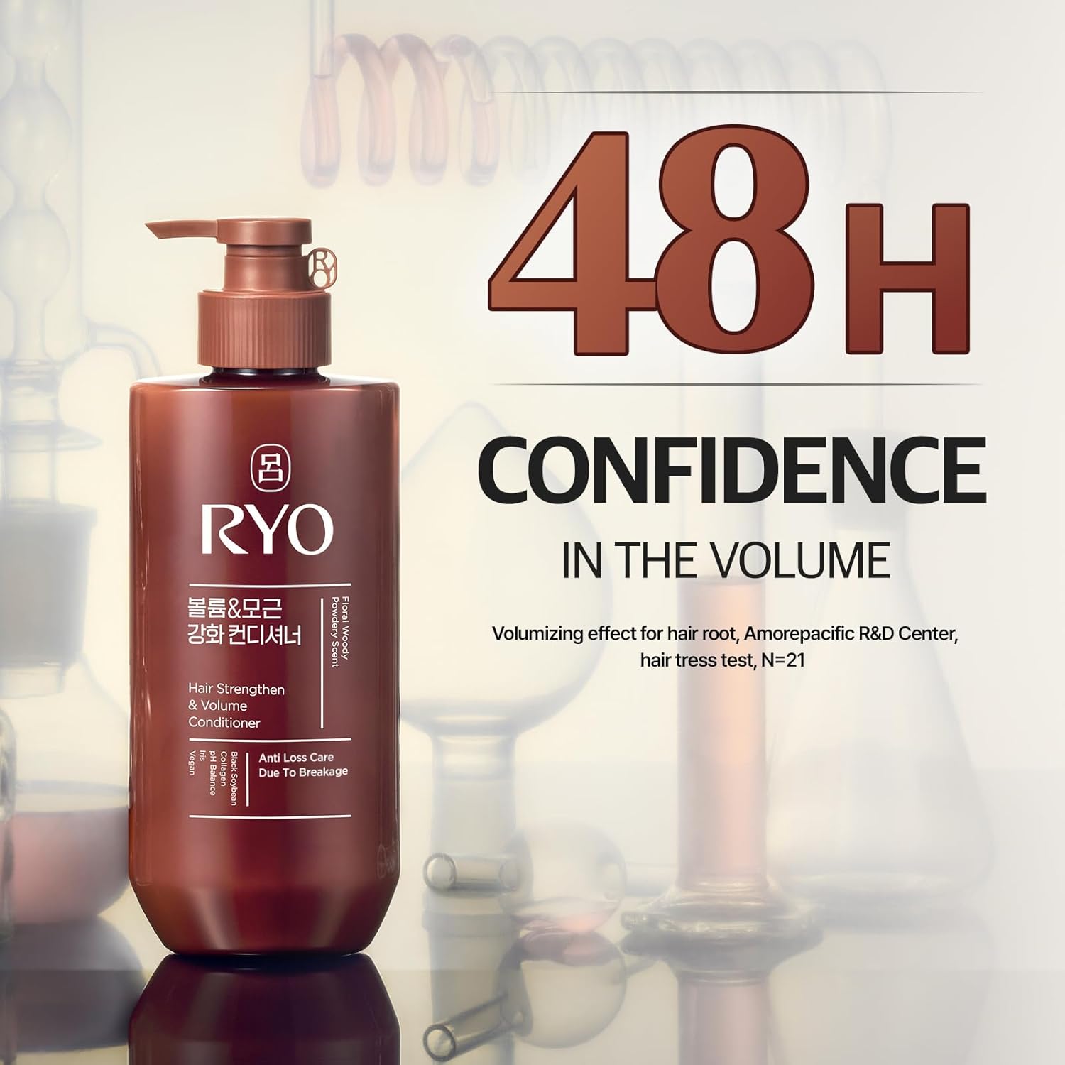 Communicates the volumizing effect of the hair product, quantified as 48 hours of volume, based on a research study.