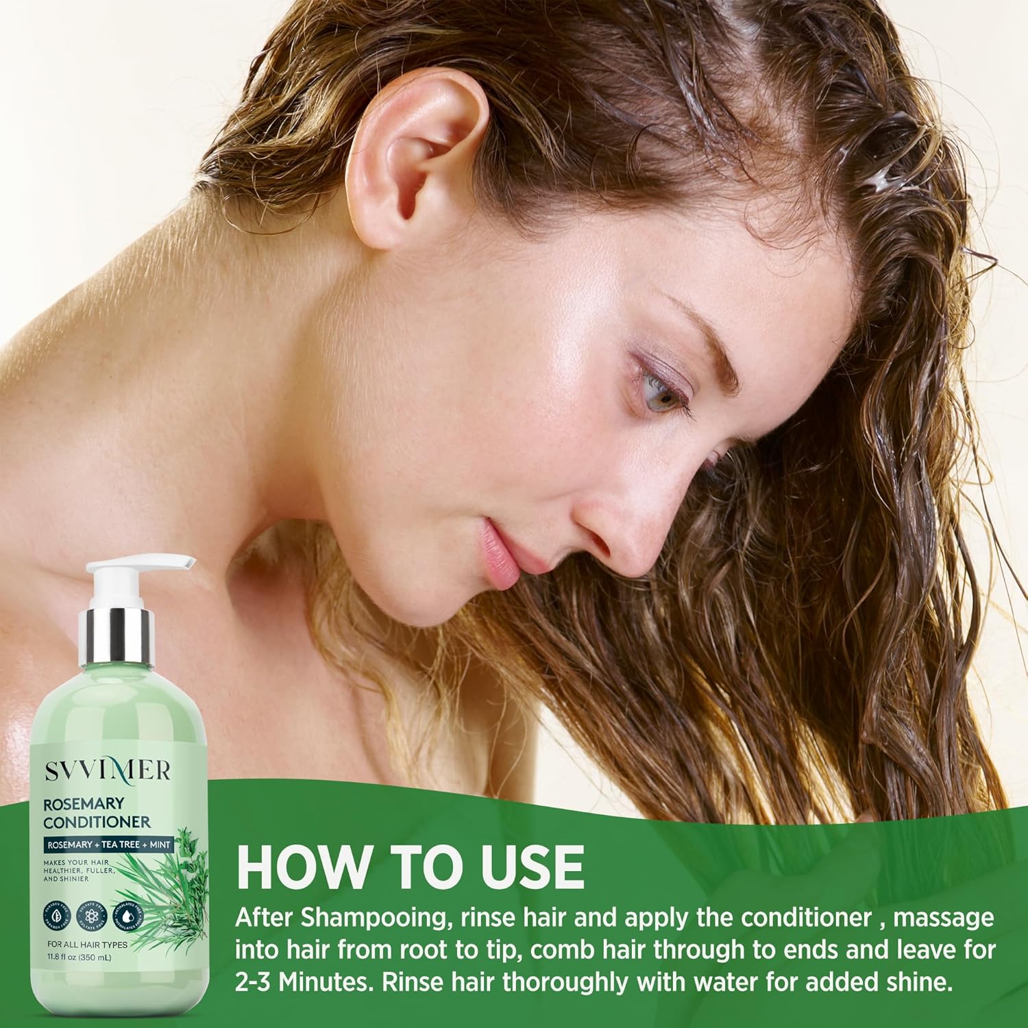 Explains the steps for properly applying and using the rosemary hair conditioner product.