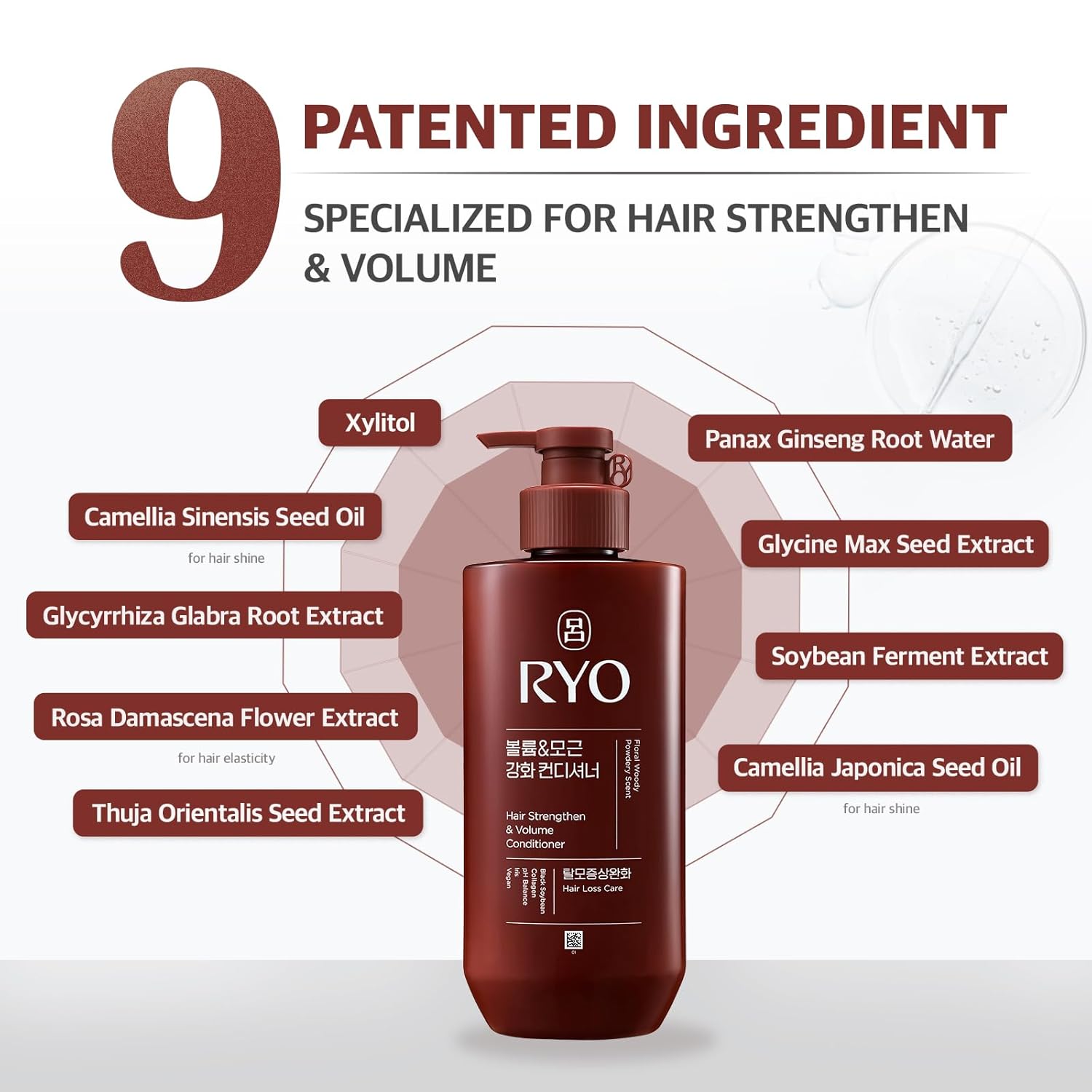 Highlights the various natural ingredients and their benefits for strengthening, adding volume, shine, and elasticity to hair.