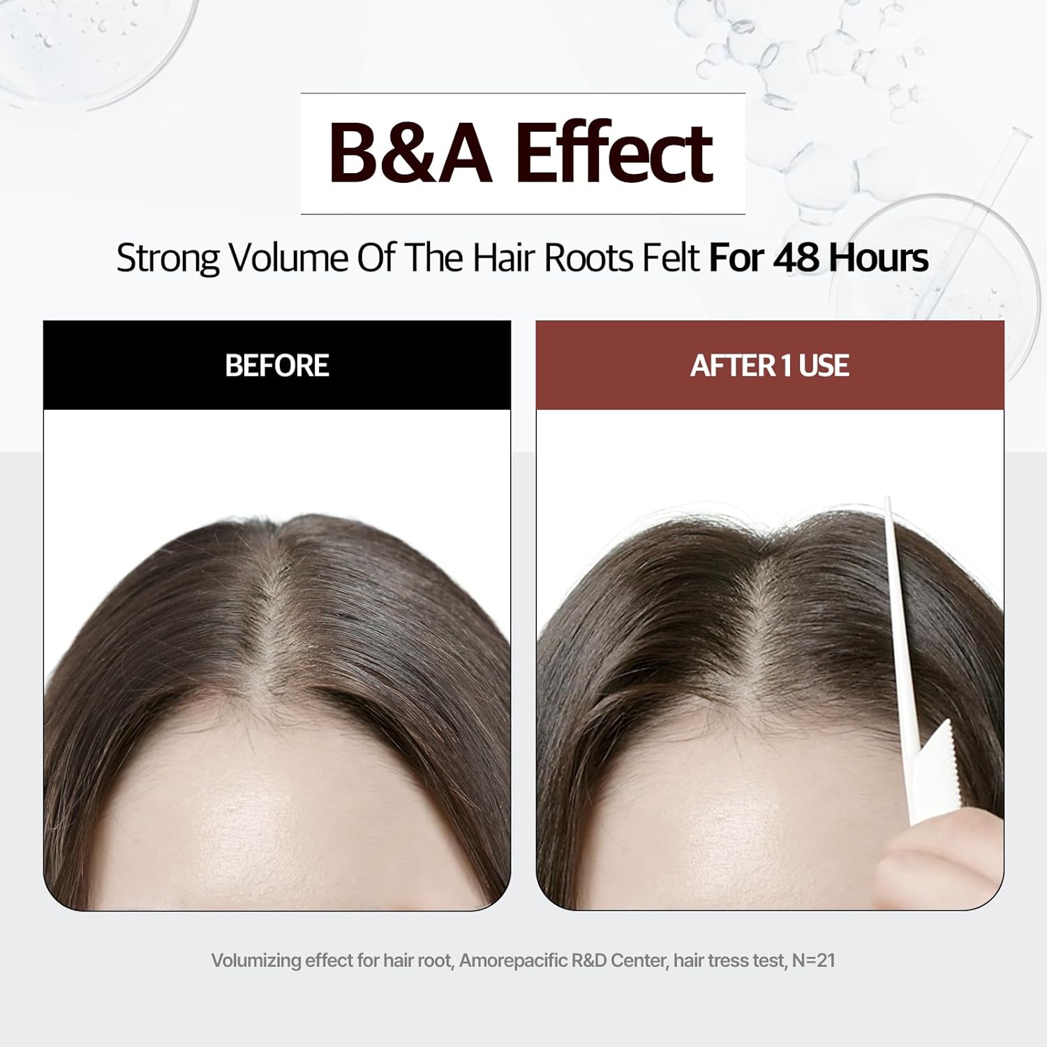 Visually demonstrates the volumizing effect of the product on hair roots by showing a before and after comparison.