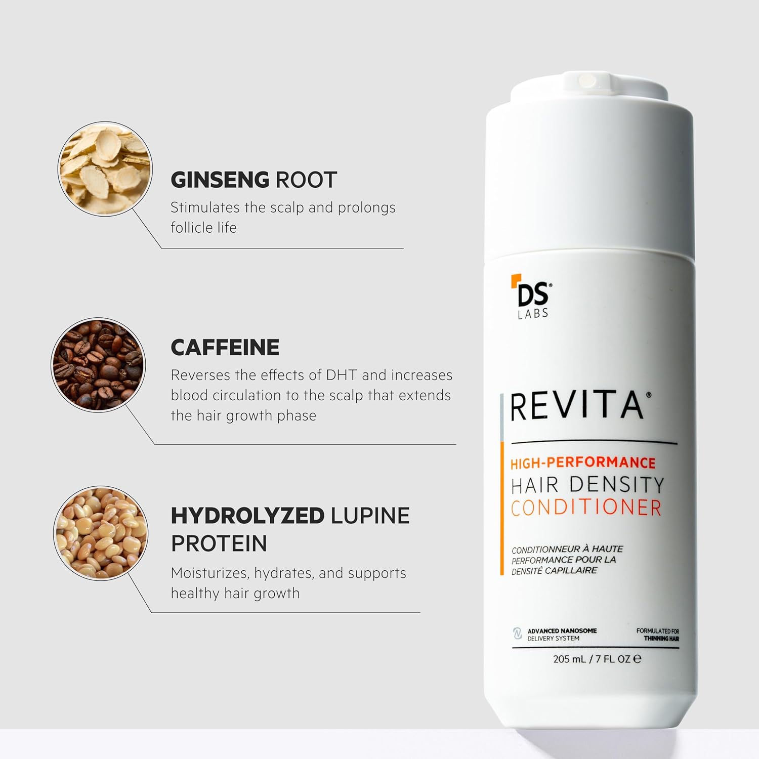 Highlights the key ingredients and their benefits for stimulating scalp, prolonging follicle life, increasing blood circulation, and supporting healthy hair growth.