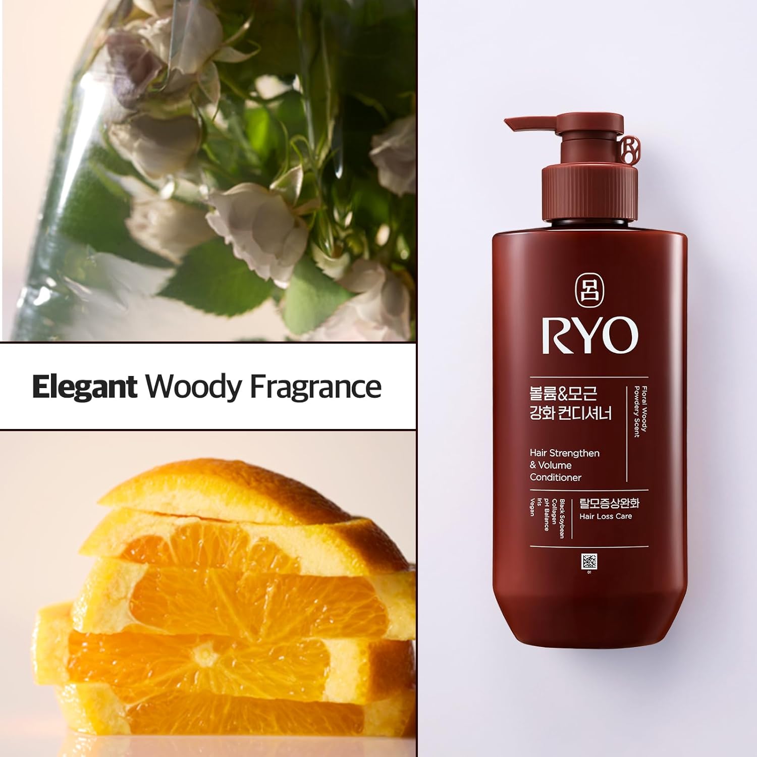 Highlights multiple benefits of the hair conditioner product, including strengthening hair, adding volume, and addressing hair loss.