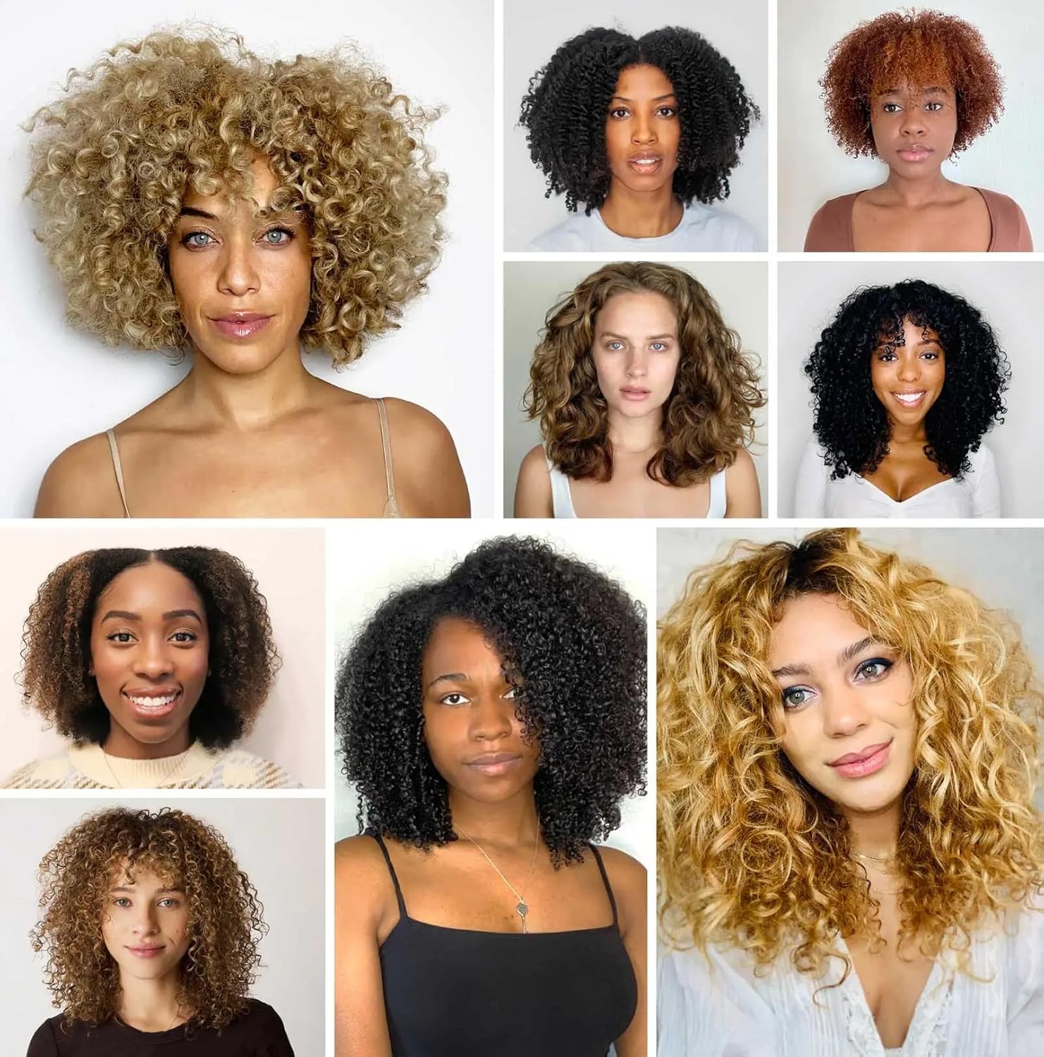 Showcases the versatility of the product by displaying various curly and natural hairstyles across different hair textures and types.