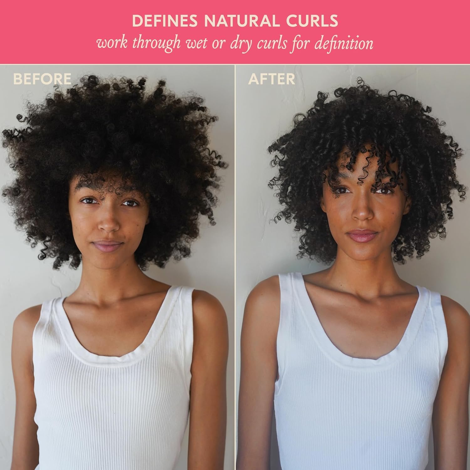 Visually demonstrates the product's ability to define and enhance natural curls while reducing frizz.