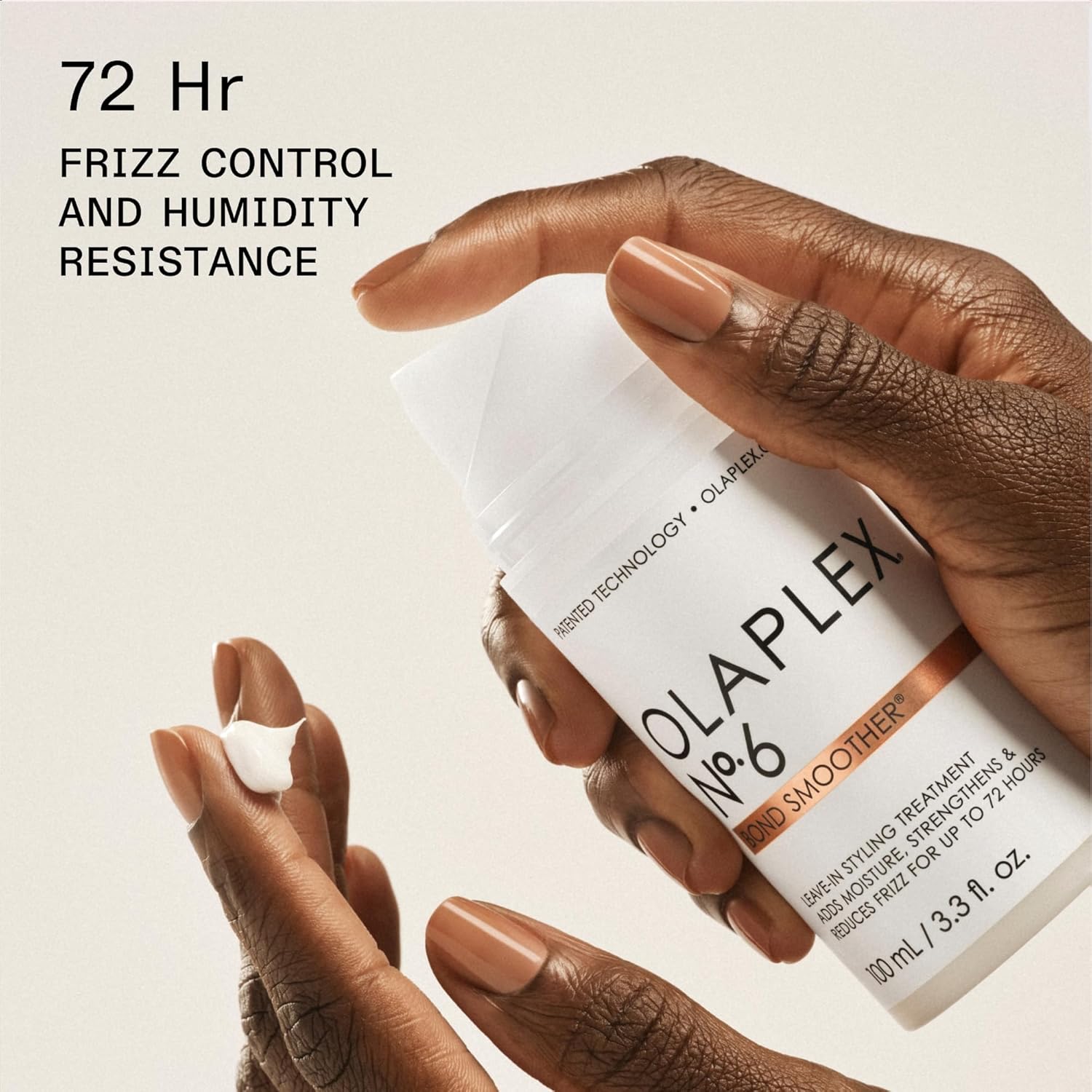 Highlights the product's ability to control frizz and resist humidity for up to 72 hours.