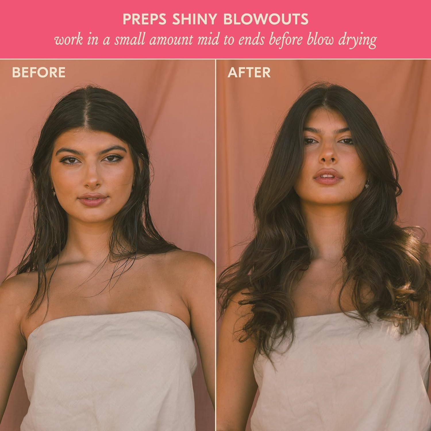 Demonstrates the effectiveness of a hair product by showing the transformation from flat, dull hair to shiny, voluminous hair after using the product.