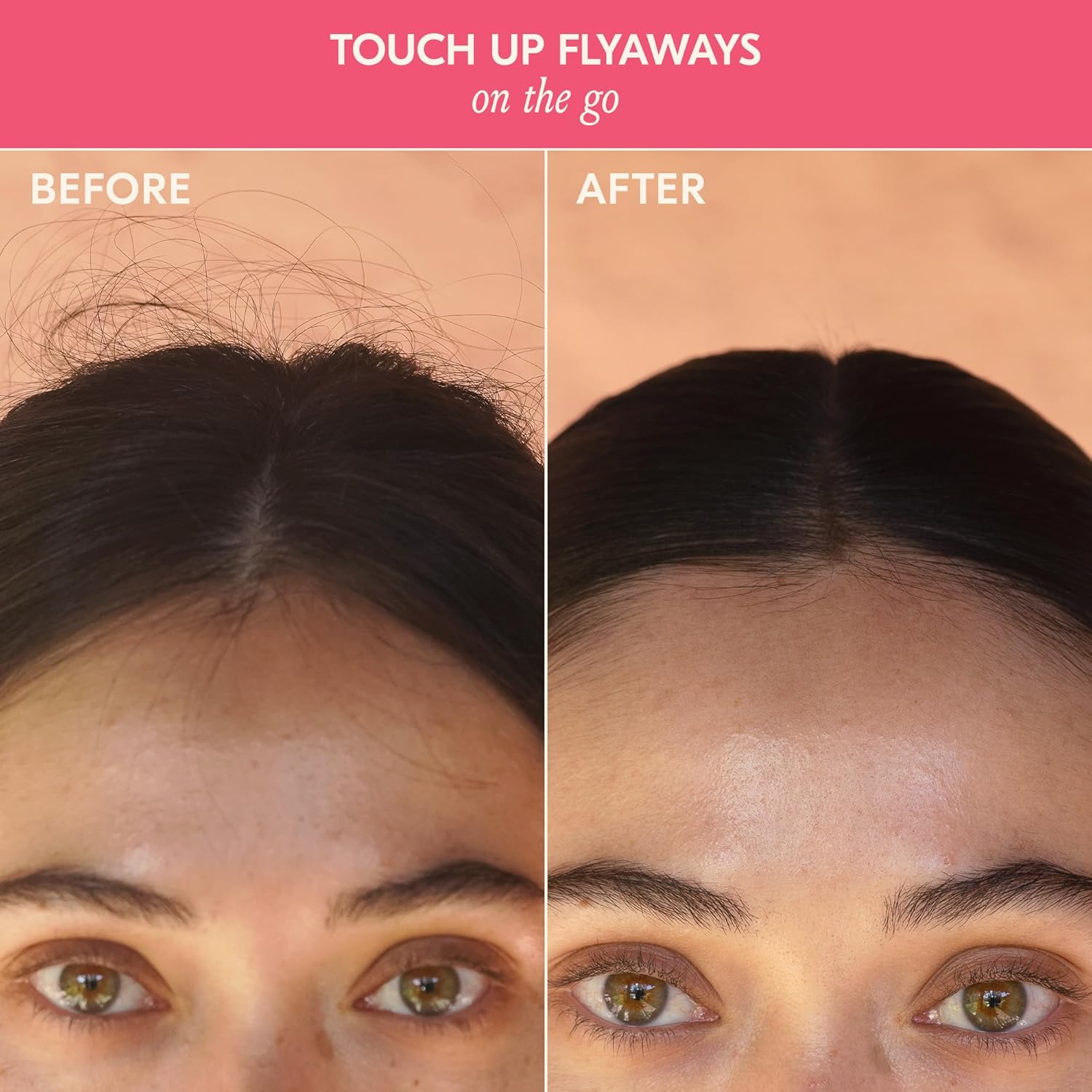 Visually demonstrates the product's effectiveness in controlling and smoothing flyaway hair.