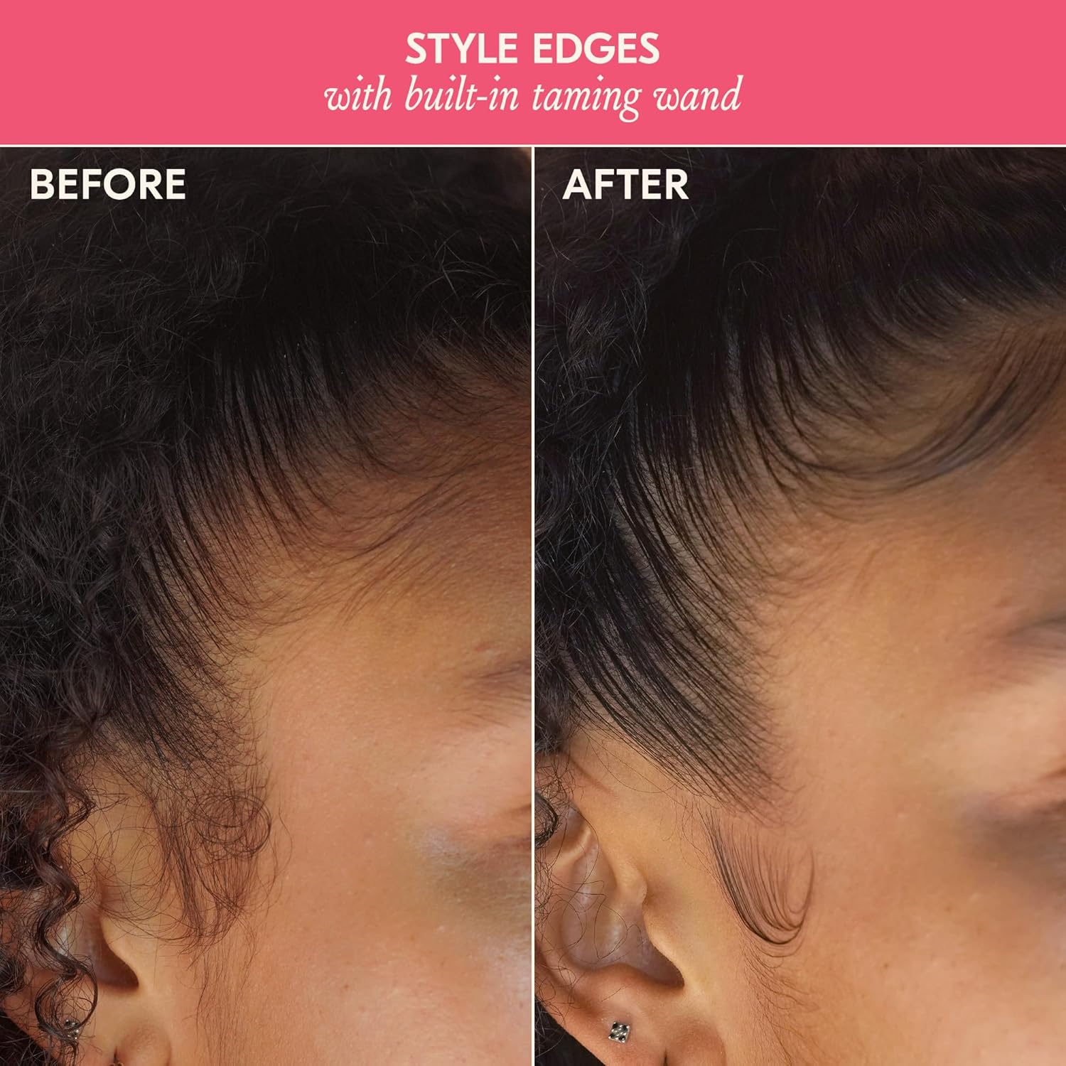 Visually demonstrates the product's ability to tame and style frizzy hair edges by showing a before and after comparison.