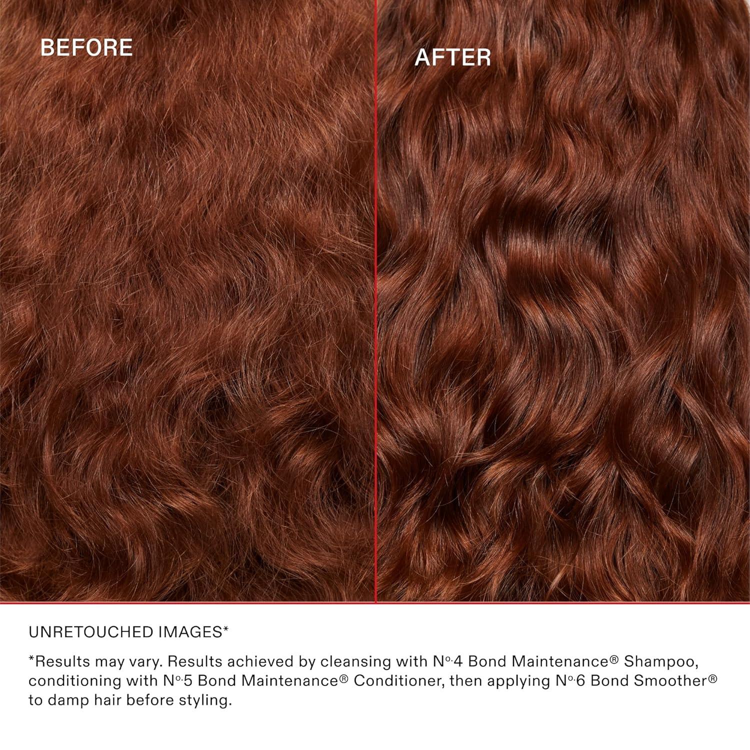 Visually demonstrates the smoothing and frizz-reducing effects of using the product line.