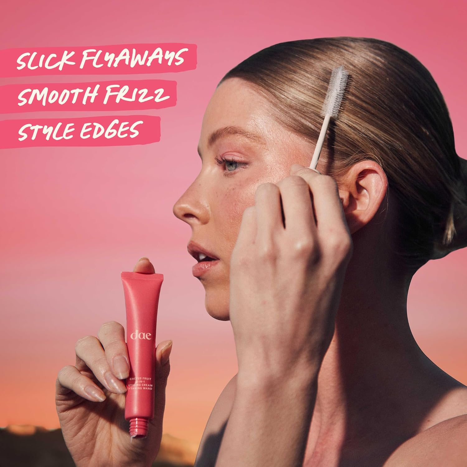 Highlights the product's ability to tame flyaways, smooth frizz, and style hair edges for a polished look.
