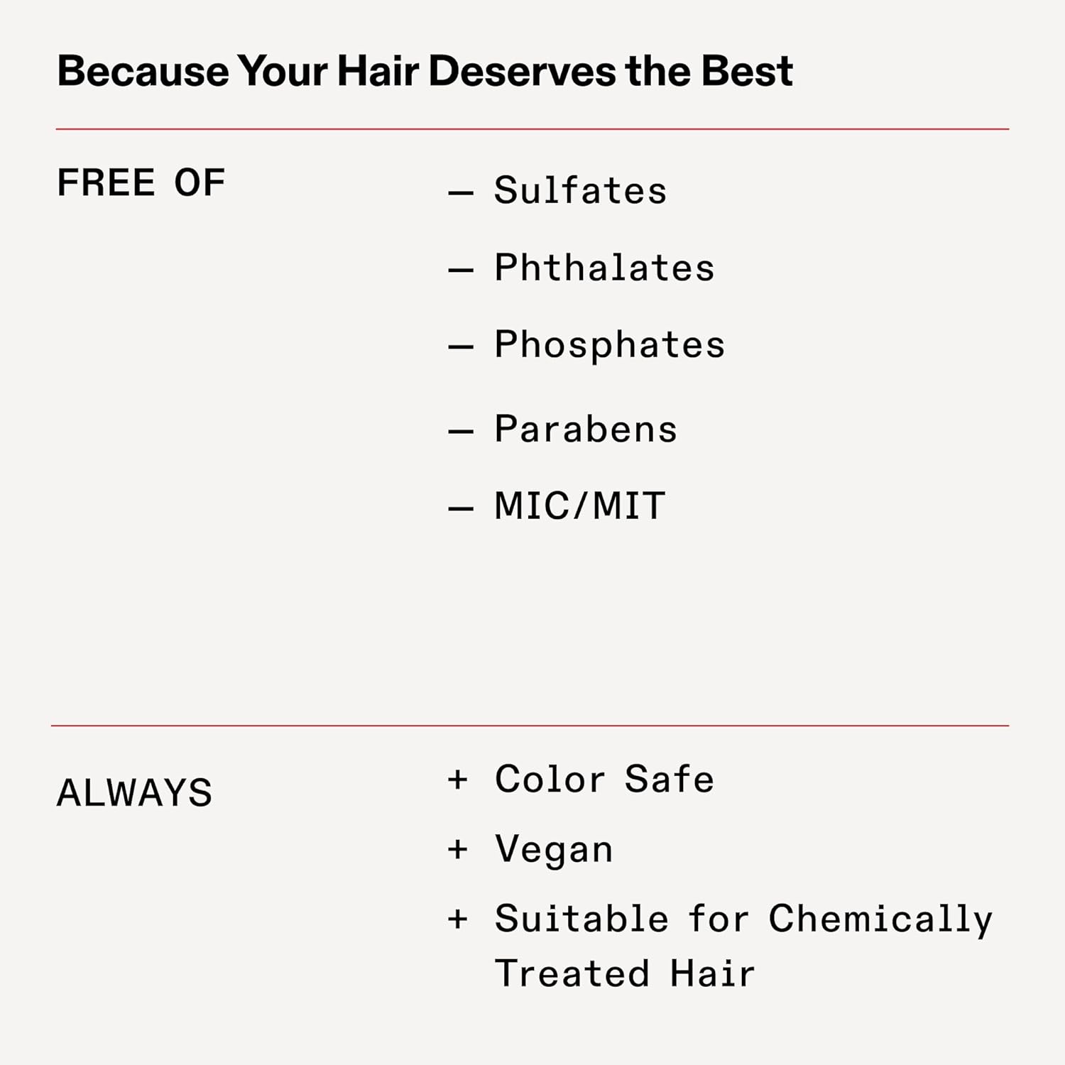 Highlights multiple beneficial features of the hair product, emphasizing that it is free of harsh chemicals and suitable for color-treated or chemically processed hair.