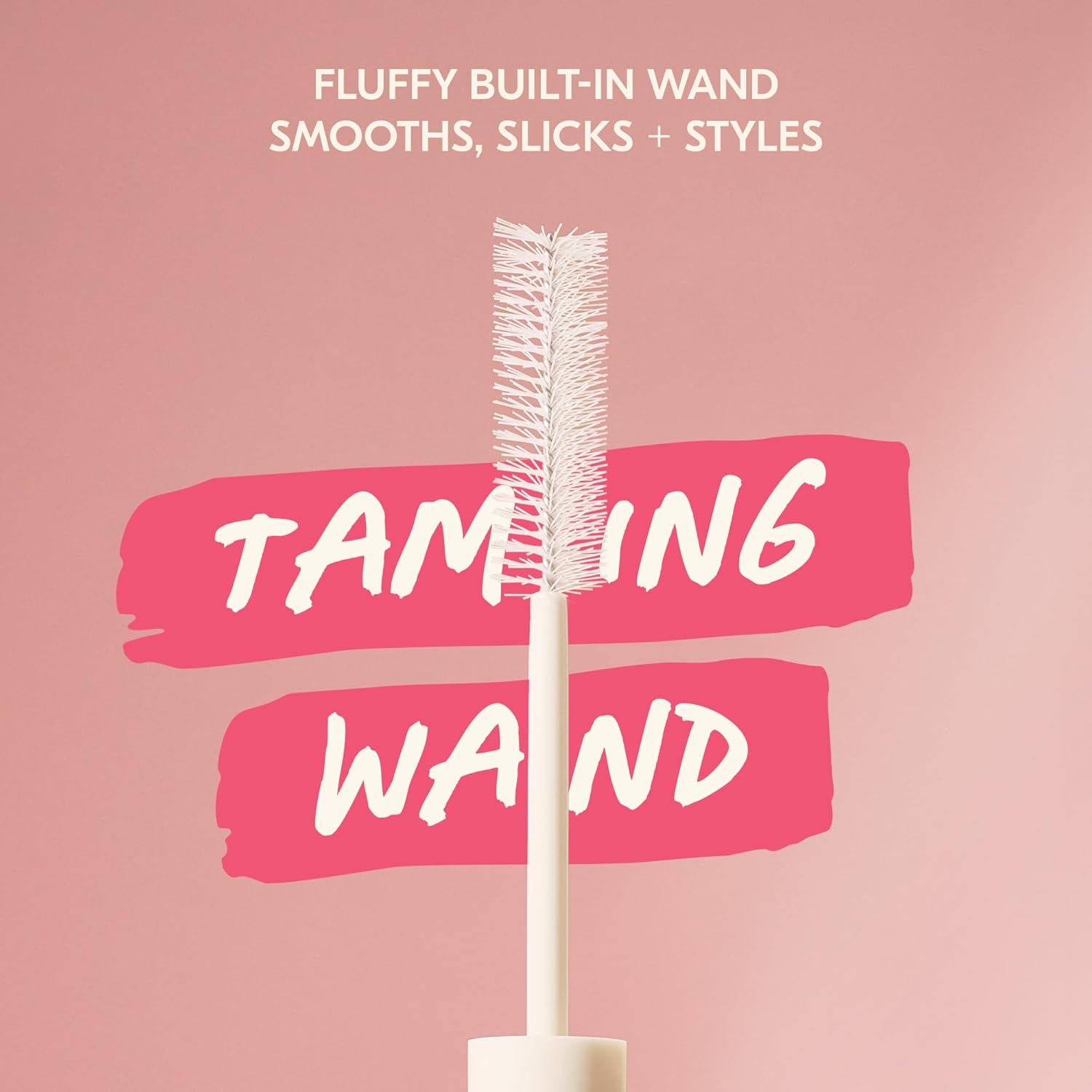 Highlights the key feature of the product - a built-in fluffy wand that can smooth, slick, and style hair.