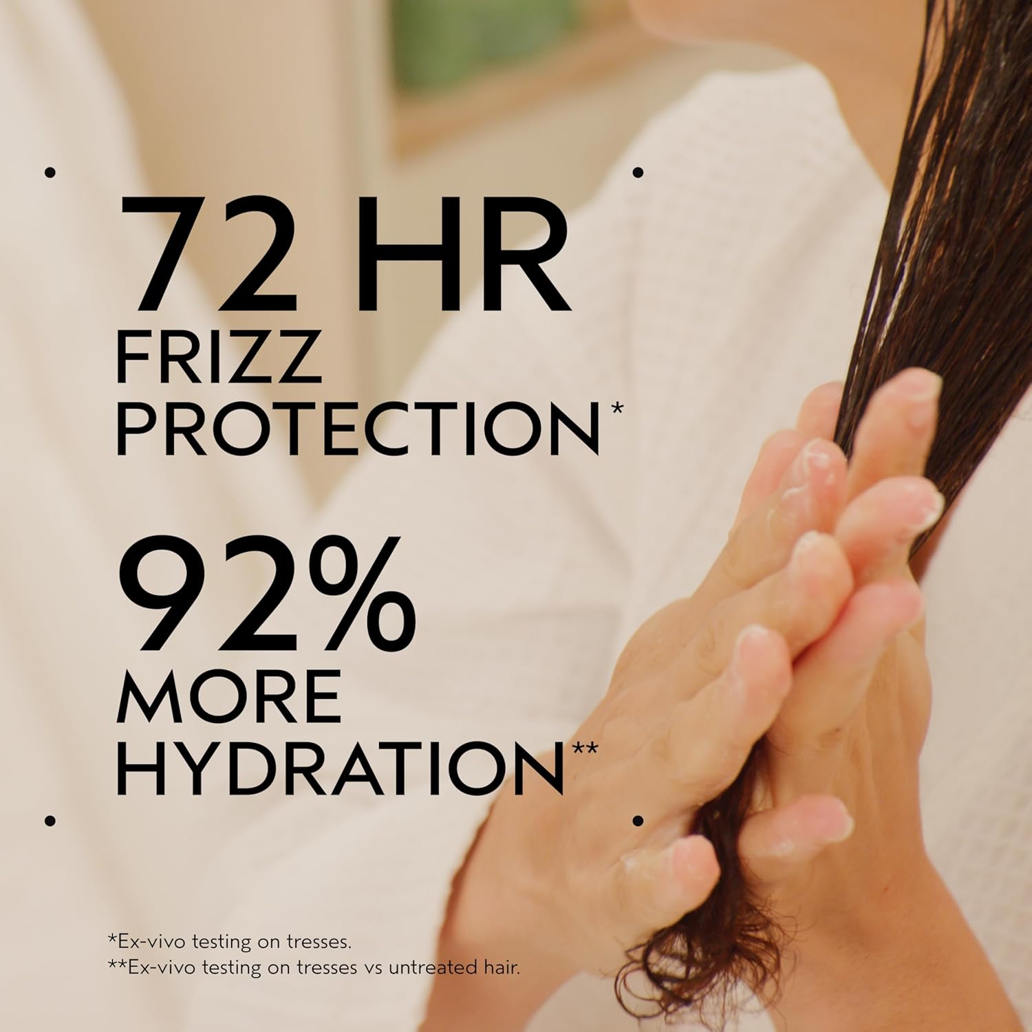 Highlights the key benefits of providing long-lasting frizz protection and superior hydration for hair.