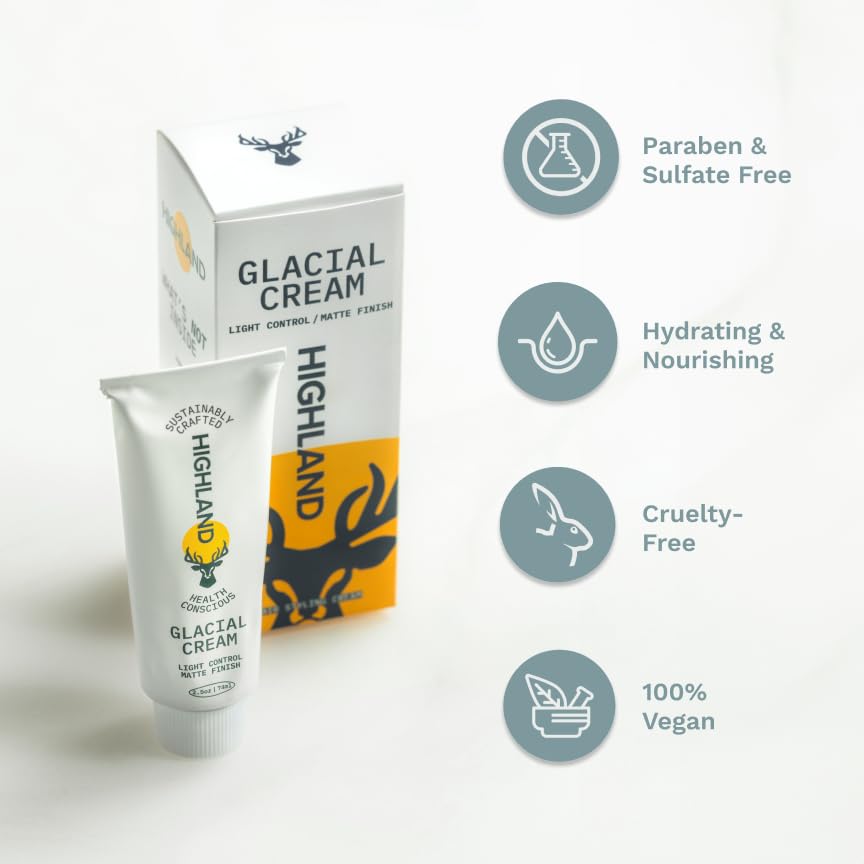 Highlights multiple key features and benefits of the glacial cream product, including being free of certain chemicals, providing hydration and nourishment, being cruelty-free, and vegan.
