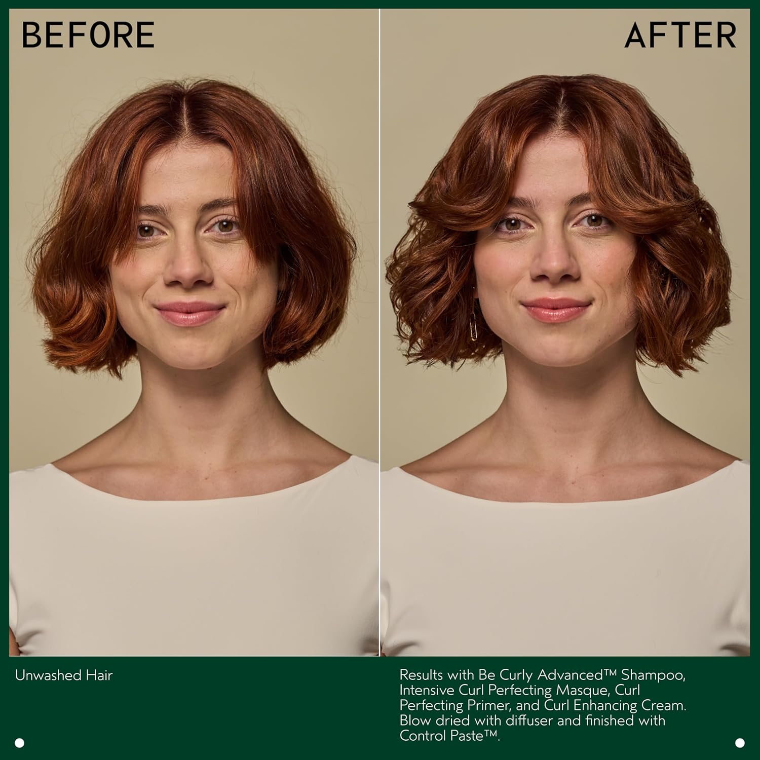 Visually demonstrates the curl-enhancing and frizz-controlling effects of the hair care product line.